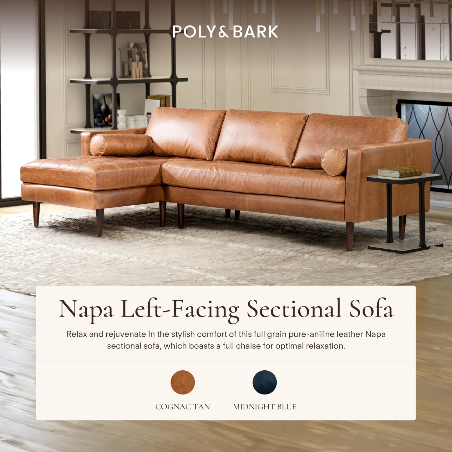 POLY & BARK Napa 82" Leather Pull‑Out Sleeper Sofa – Full‑Grain Italian Leather Upholstery,Tri‑Layer Mattress & Storage Console –Sophisticated Multi‑Functional Sofa Bed for Living Rooms & Guest Spaces