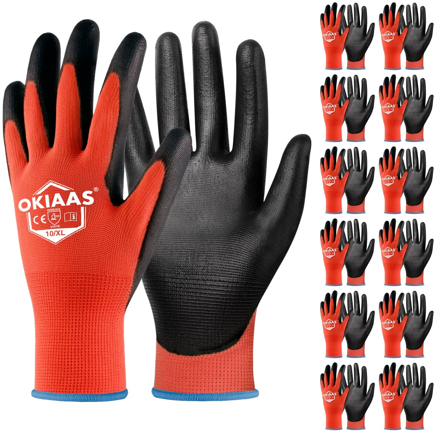 OKIAAS Work Gloves for Men,Ultra Thin and Lightweight Working Gloves with Grip,12 Pairs Bulk Pack Construction Gloves with Polyurethane Coating,Safety Gloves for Light Duty Work (Black, Large)