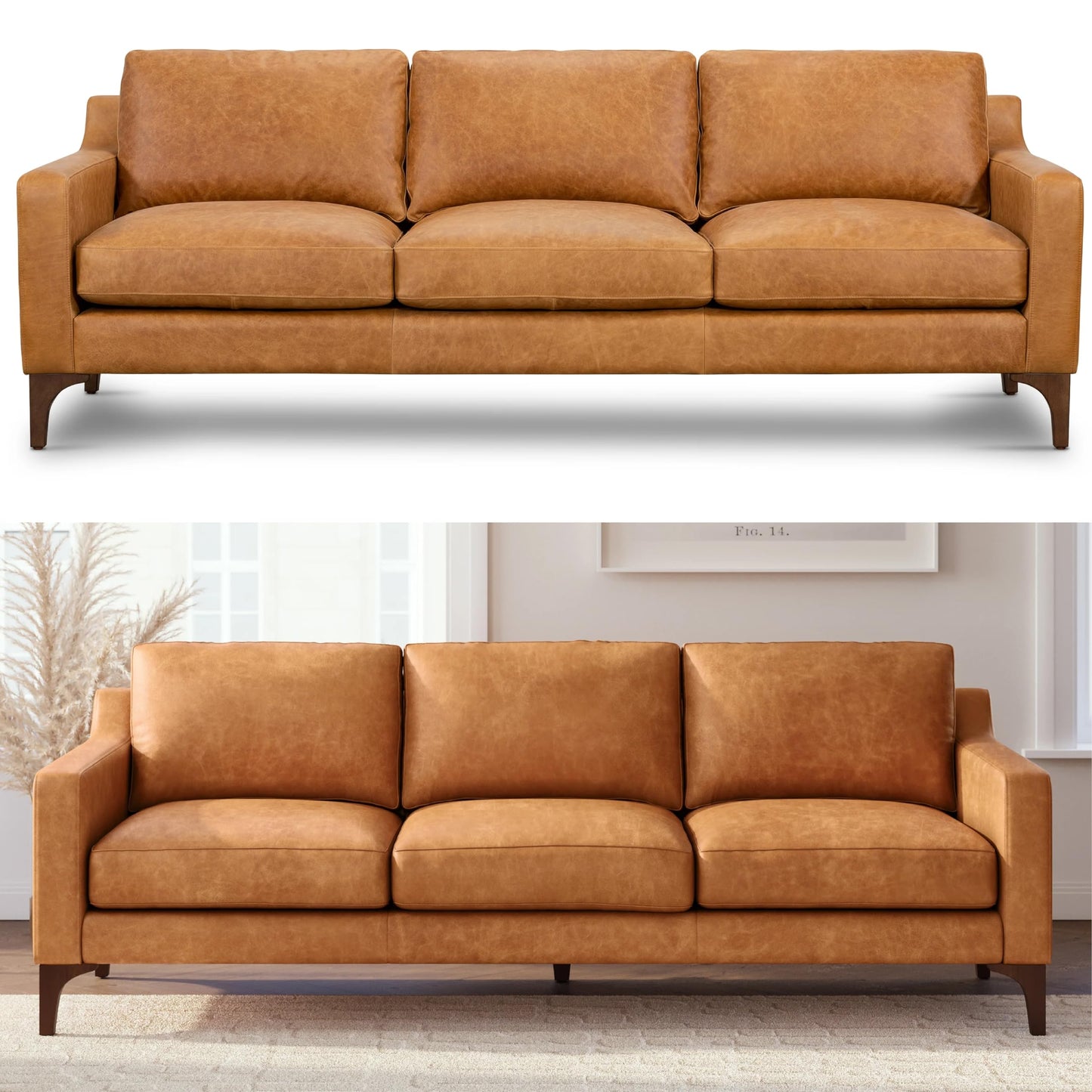 POLY & BARK Sorrento 86" Sofa – Cognac Tan Full-Grain Pure-Aniline Italian Leather, Feather-Down Cushions, Solid Wood Frame & Walnut Legs