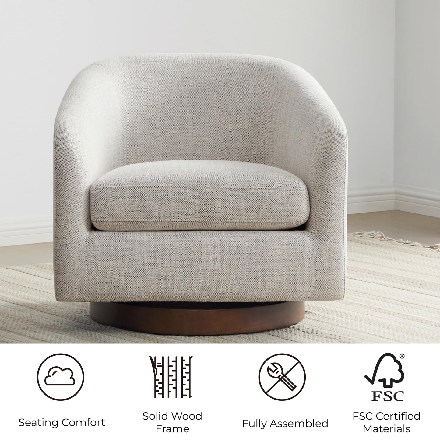 CHITA Swivel Accent Chair Set of 2, Fully Assembled Fabric Barrel Armchair with FSC Certified Upholstered for Living Room, Bedroom and Office, Flax Beige