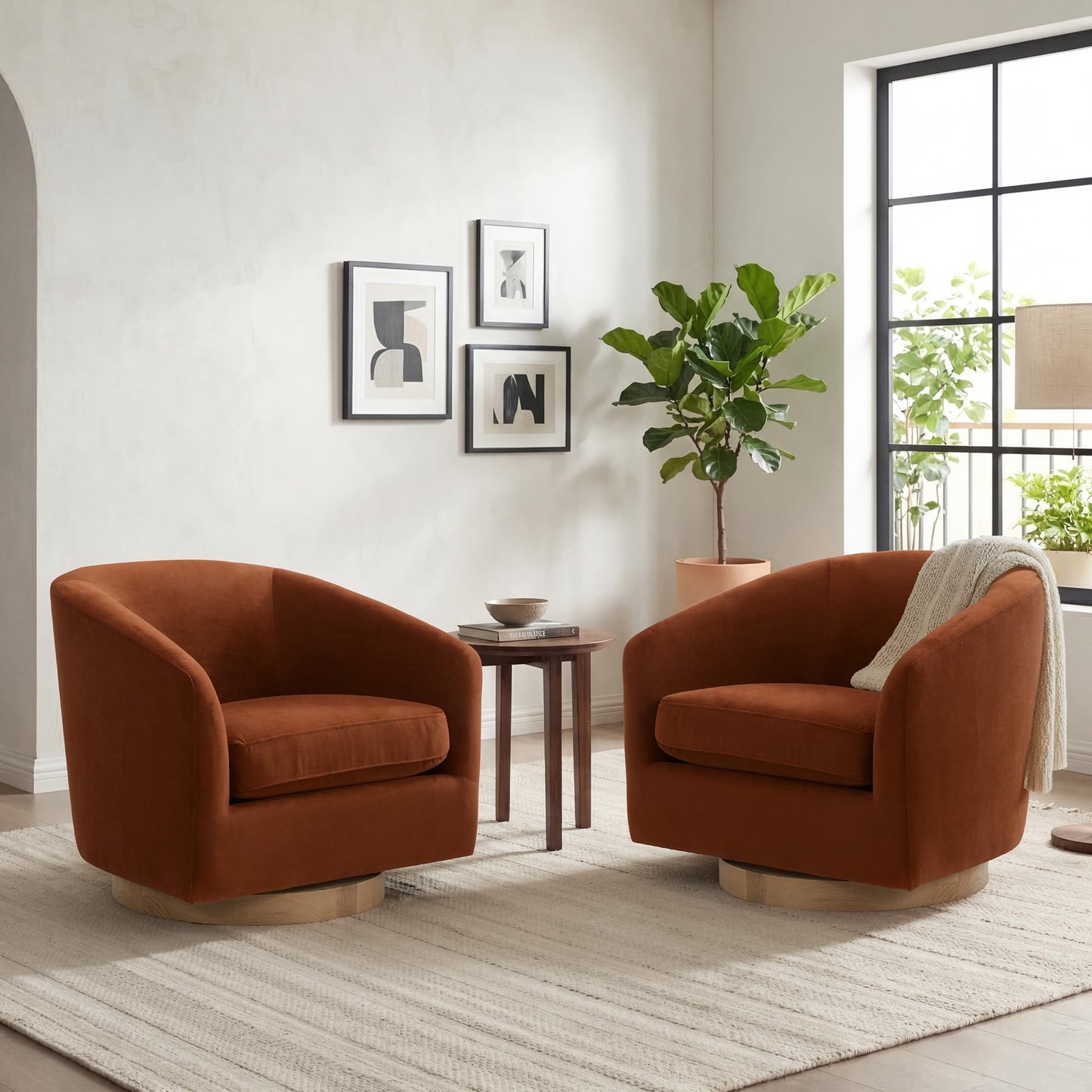 CHITA Swivel Accent Chair Set of 2, Fully Assembled Fabric Barrel Armchair with FSC Certified Upholstered for Living Room, Bedroom and Office, Flax Beige