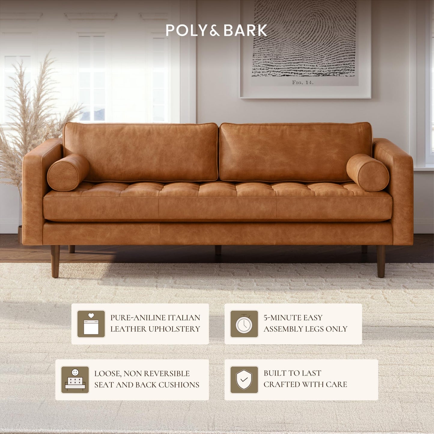 POLY & BARK Napa 82" Leather Pull‑Out Sleeper Sofa – Full‑Grain Italian Leather Upholstery,Tri‑Layer Mattress & Storage Console –Sophisticated Multi‑Functional Sofa Bed for Living Rooms & Guest Spaces