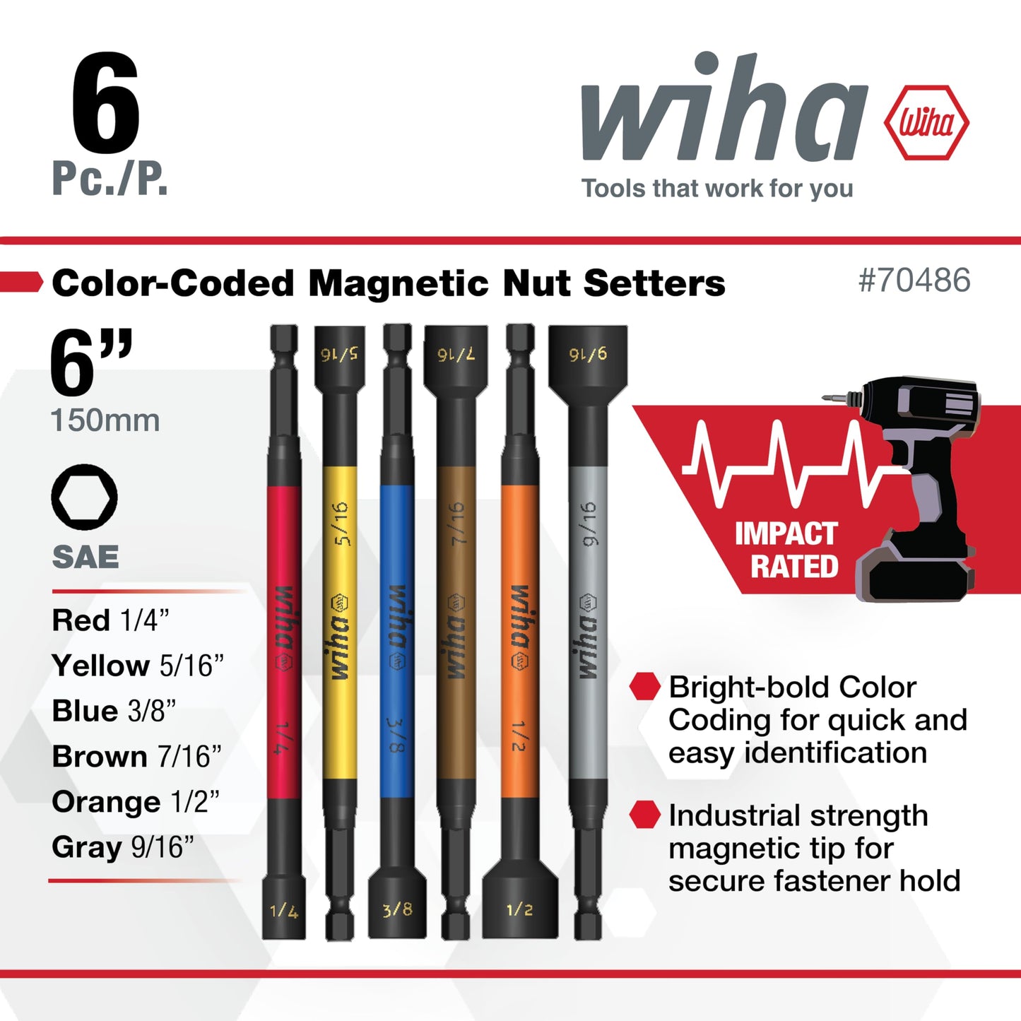 Wiha 70486 Magnetic Nut Setter Set, 6 Piece SAE, Color Coded, 1/4-Inch Hex Drive, Impact Rated