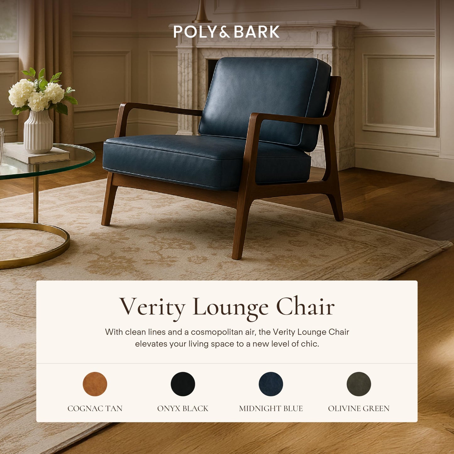 Poly & BARK Verity Leather Accent Chair – Armchair with Walnut Wood Frame – Fashion-Forward Lounge Seating for Living Room – Upholstered in Cognac Tan Leather for Modern Style