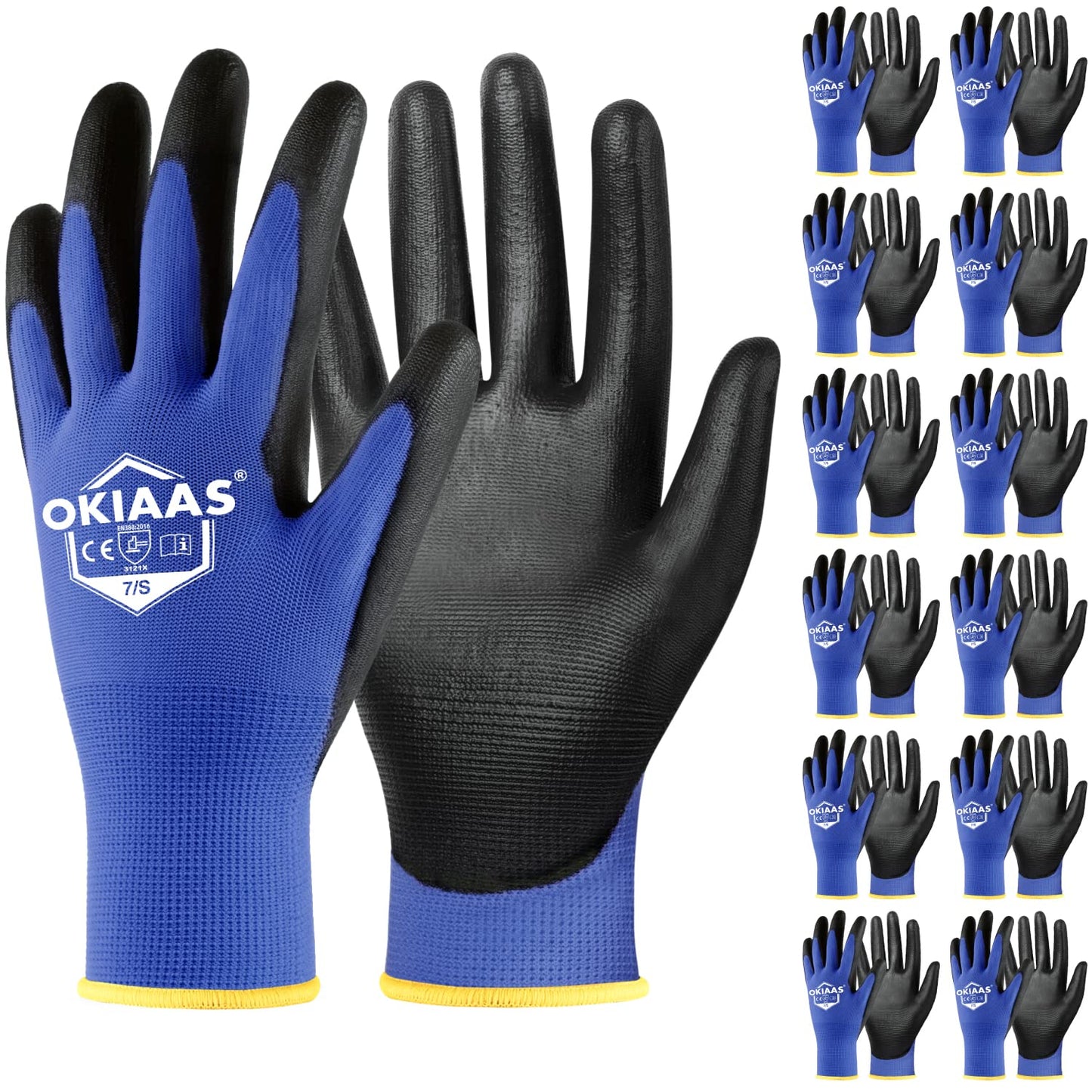 OKIAAS Work Gloves for Men,Ultra Thin and Lightweight Working Gloves with Grip,12 Pairs Bulk Pack Construction Gloves with Polyurethane Coating,Safety Gloves for Light Duty Work (Black, Large)