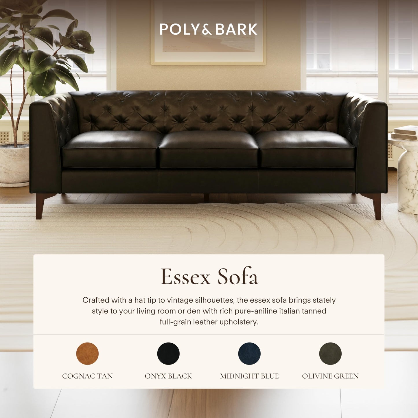 POLY & BARK Essex 89” Full-Grain Italian Leather Sofa – Tufted Back, Feather-Down Comfort, Solid Wood Frame, Cognac Tan