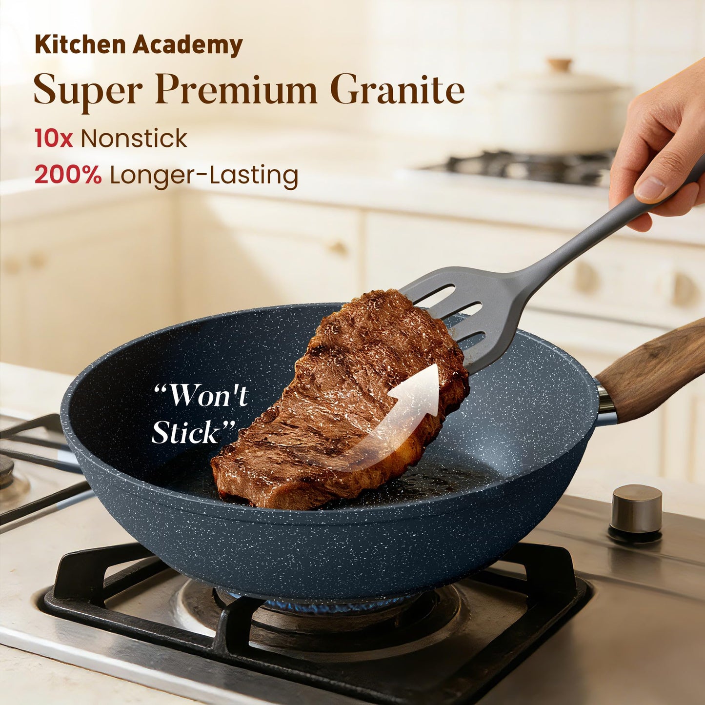 Kitchen Academy Induction Cookware Sets - 12 Piece Pots and Pans Set Non Stick, Black Granite Nonstick Cooking Pan Set(PFOS, PFOA Free)