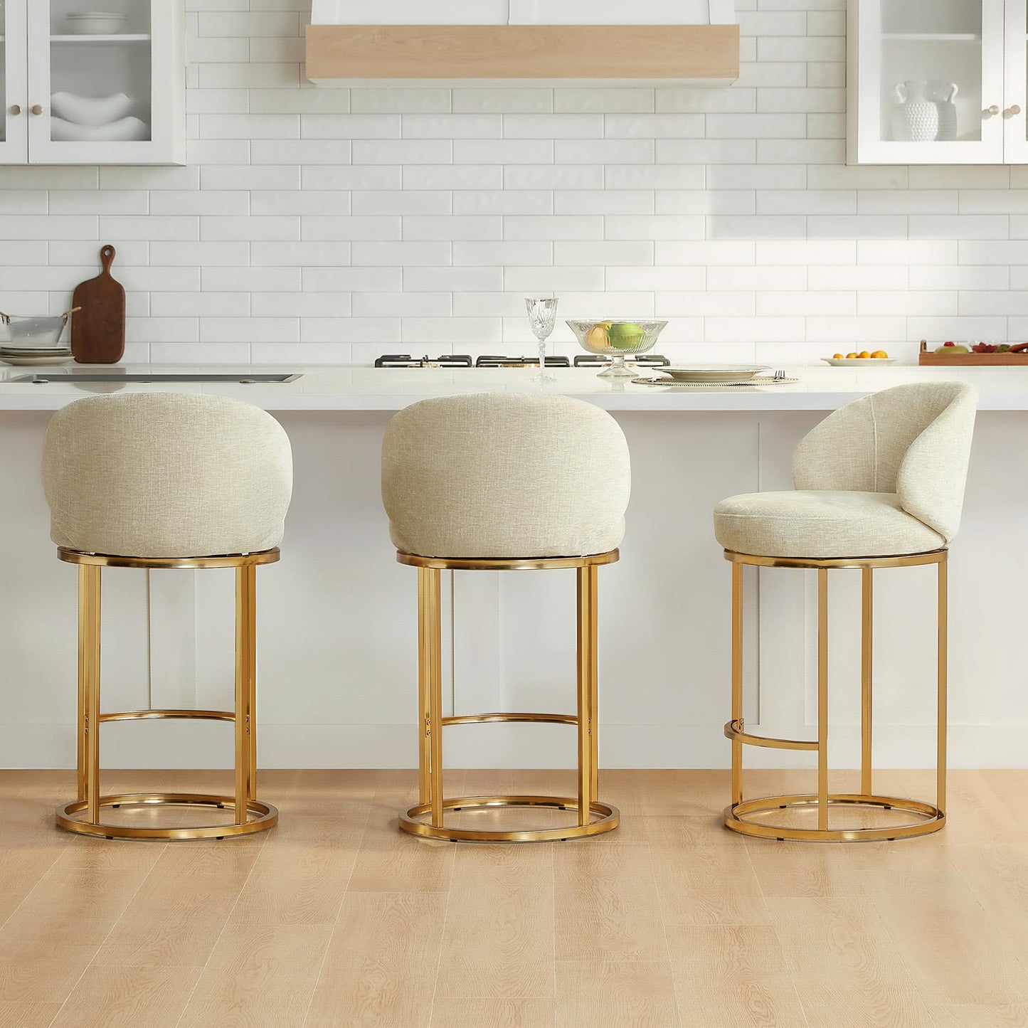 CHITA Swivel Counter Height Bar Stools Set of 3, Upholstered Bar Chairs with Backrest, Sturdy Metal Base, 26.8" Seat Height for Kitchen Island & Home Bar, Sand