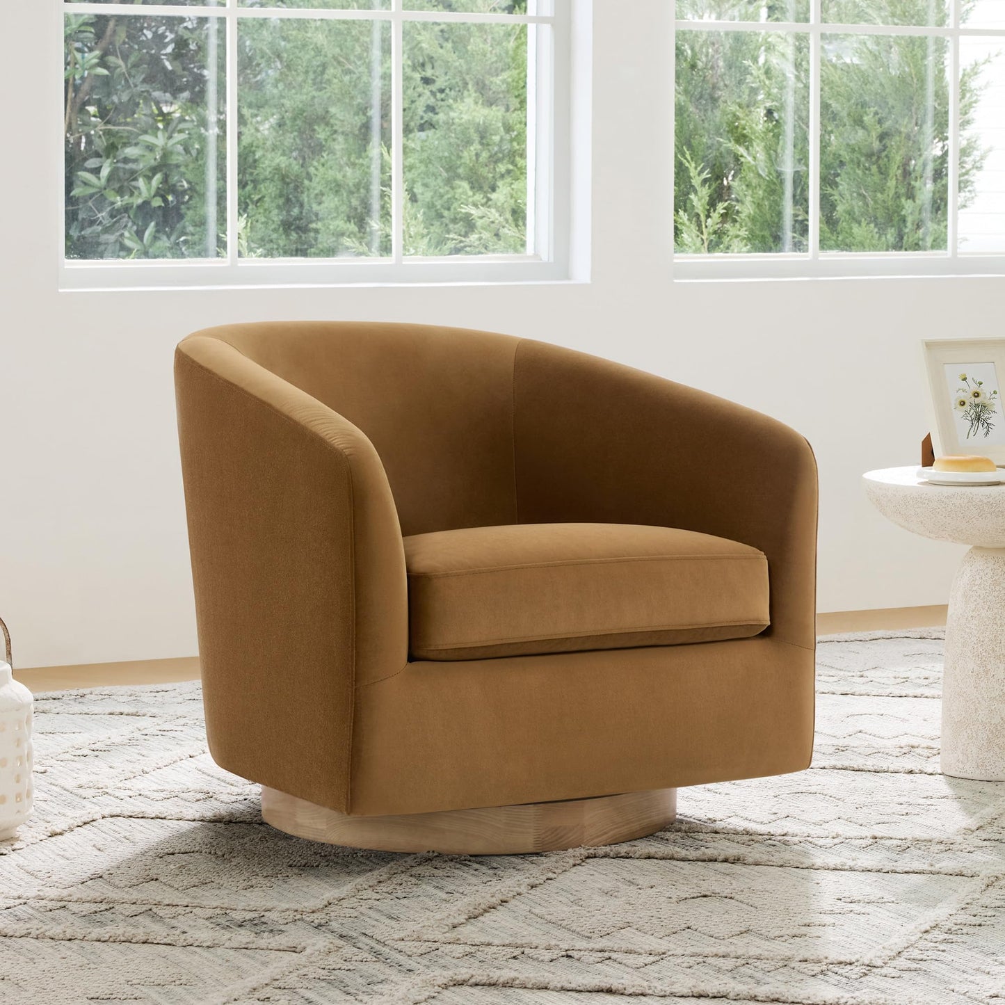 CHITA Swivel Accent Chair Set of 2, Fully Assembled Fabric Barrel Armchair with FSC Certified Upholstered for Living Room, Bedroom and Office, Flax Beige