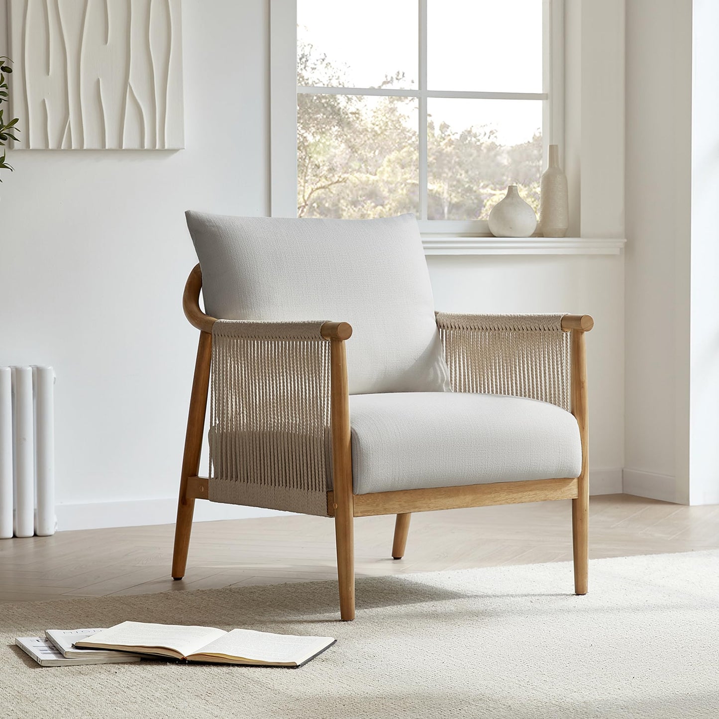 CHITA Braid Accent Chair, Modern Armchair with Solid Wooden Armrest for Living Room and Bedroom, Boho Reading Chair, Cream