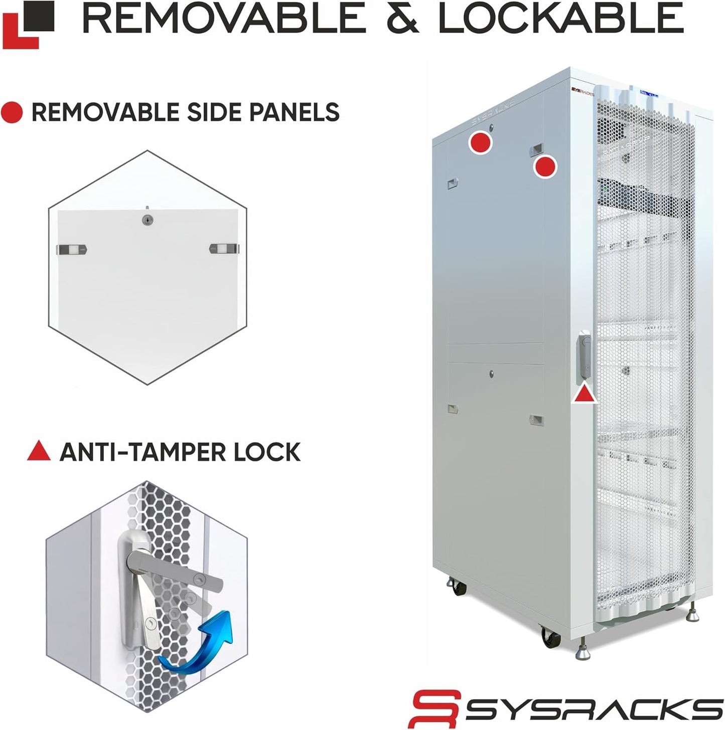 Sysracks 42U Server Rack Cabinet, 35" Deep, Mesh Door, 19-Inch | LCD thermostat, 4 fans, PDU, shelf, casters, 1600 lb capacity