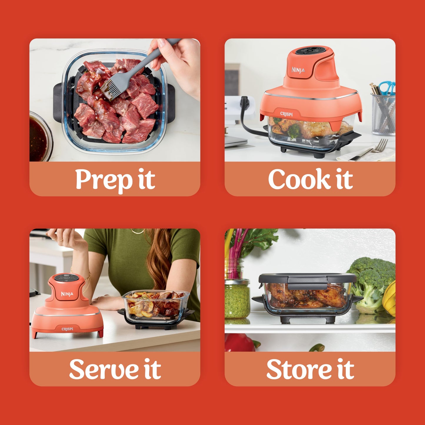 Ninja Crispi 4-in-1 Glass Air Fryer | With Non-Toxic 4QT & 6-Cup Glass Containers & Lids | Microwave, Freezer, Dishwasher Safe | 450°F Max Temp |1500 Watt | Stone | FN101ST
