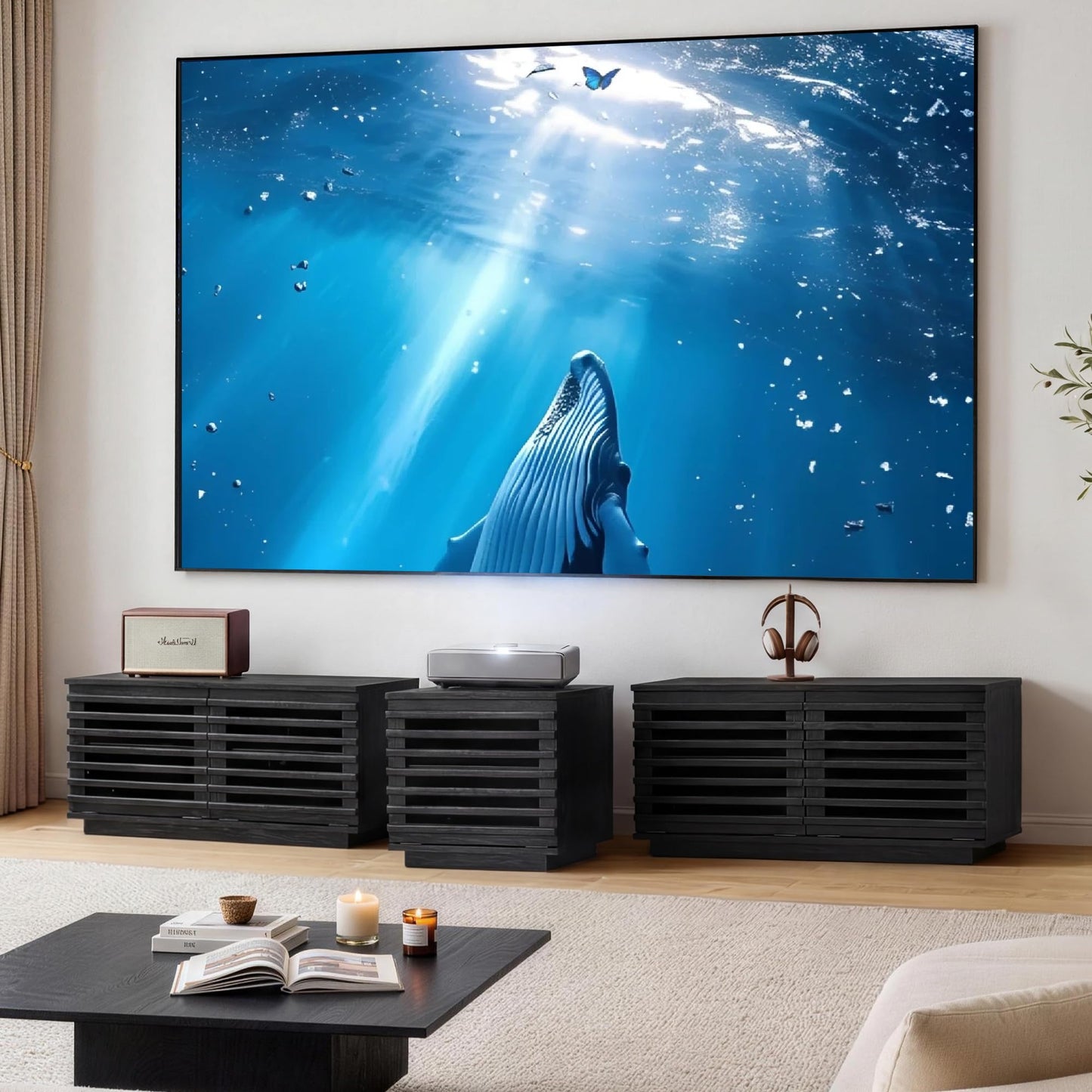 CHITA 70" Modern TV Stands with LED Light for TVs Up to 75 inches, Low Profile Entertainment Center with 4 Flip-Down Door & Fluted Details, TV Media Console for Living Room, Black