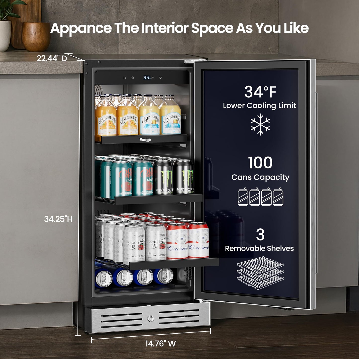 Yeego 24 Inch Beverage Refrigerator, 160-Can Beverage Cooler with Lock & Auto Defrost, Stainless Steel Indoor & Covered Outdoor Beverage Fridge, Freestanding or Under Counter for Beer, Soda & Wine