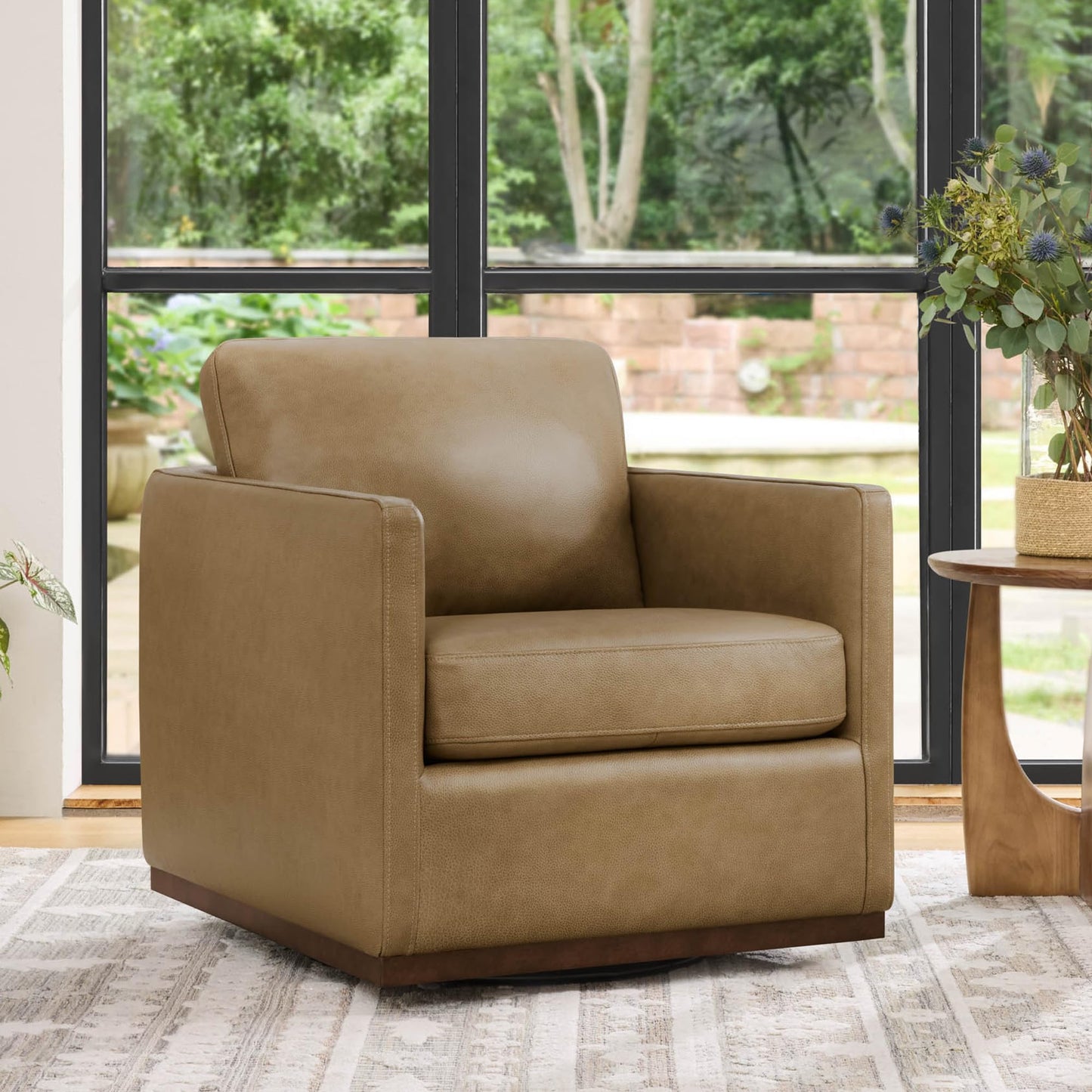 CHITA Genuine Leather Swivel Accent Chair, FSC Certified Mid Century Modern Arm Chair for Living Room and Bedroom, Fully Assembled, Saddle