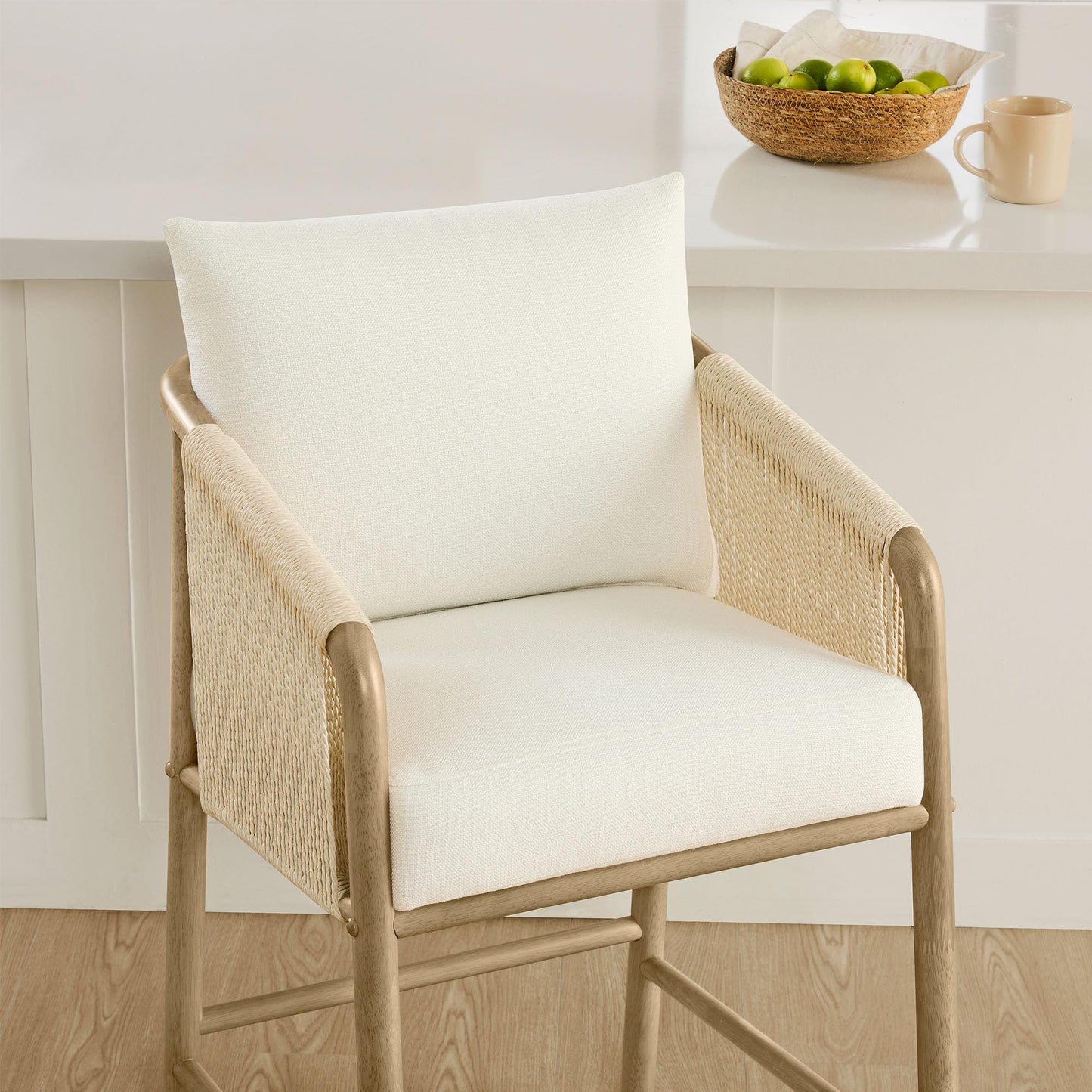 CHITA 27" Counter Height Bar Stools Set of 2, Boho Woven Paper Cord Counter Stools with Back and Armrests, Upholstered Rope Bar Chairs for Kitchen Island & Home Bar, Cream