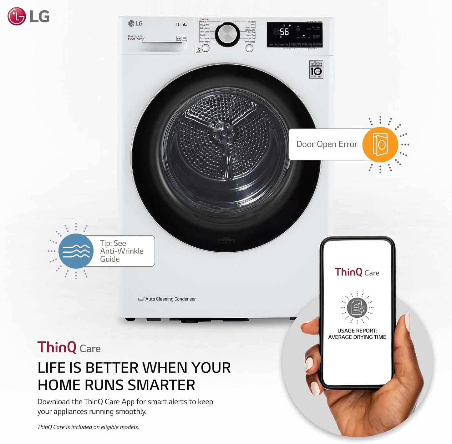 LG DLHC1455W 24 in. W 4.2 Cu. Ft. Ventless Stackable Compact Smart Electric Dryer in White with Dual Inverter HeatPump Technology