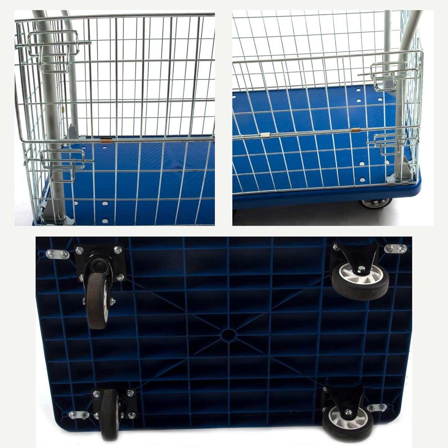 23 * 35 Platform Truck with Fence, 660 lb Capacity, Steel Handle, PP Deck, 5 Inch Casters, Manual Material Handling