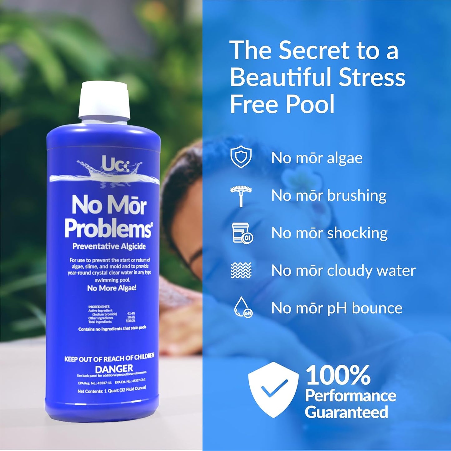United Chemical No Mor Problems Preventative Pool Algaecide & Water Clarifier - Non-Staining, pH Independent Algae Prevention, 1 Quart