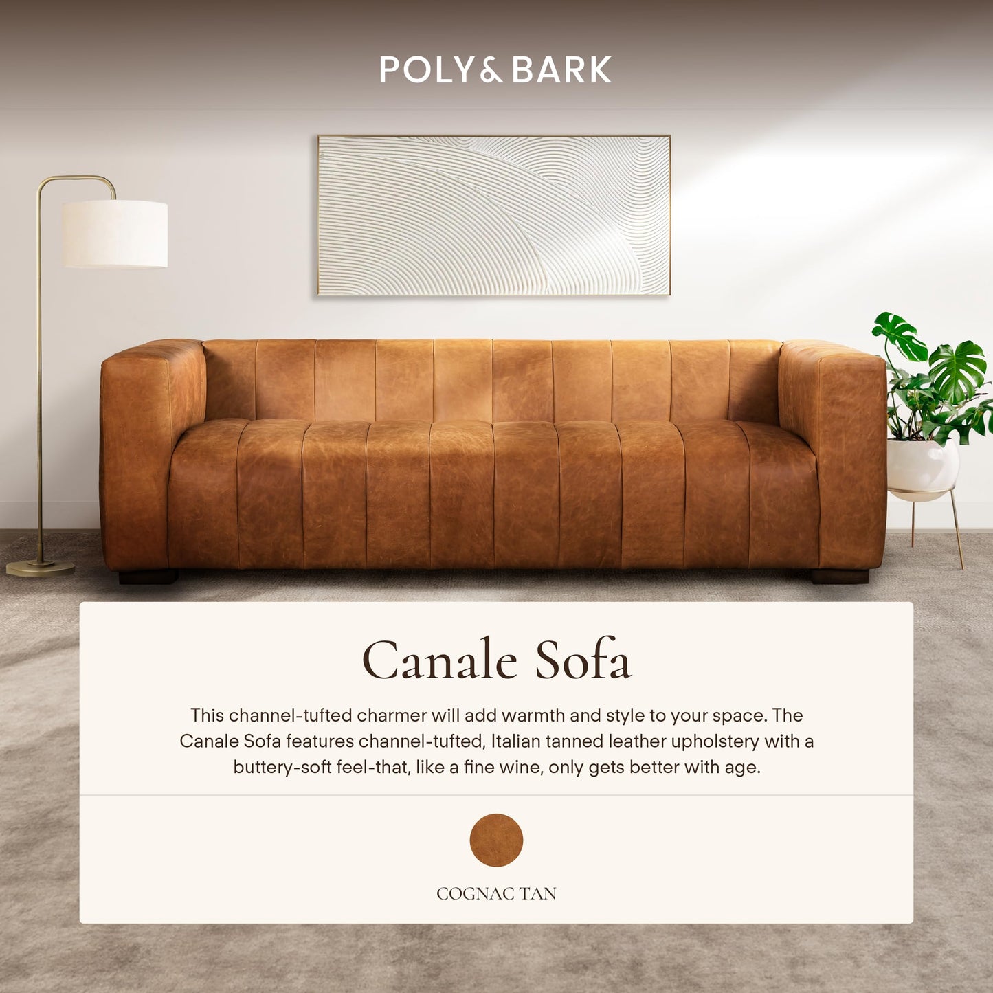 POLY & BARK Sorrento 86" Sofa – Cognac Tan Full-Grain Pure-Aniline Italian Leather, Feather-Down Cushions, Solid Wood Frame & Walnut Legs