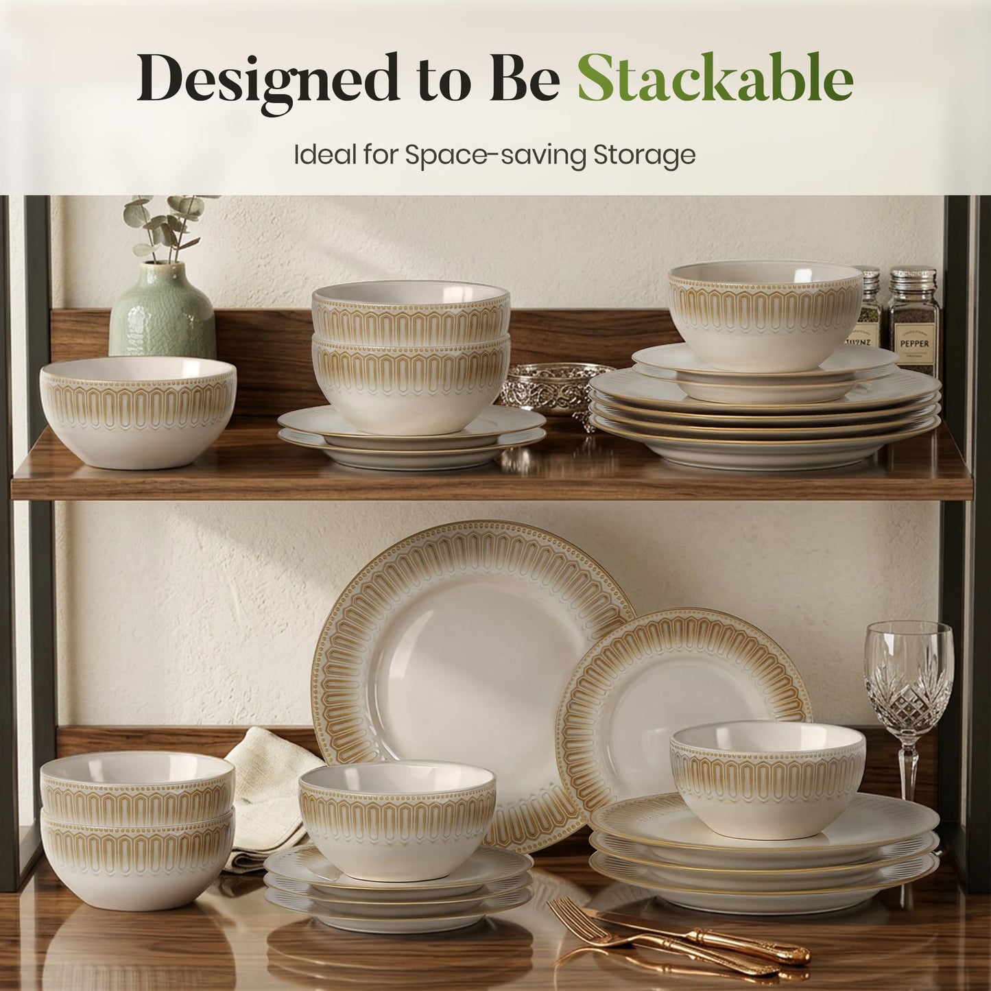 Kitchen Academy Stoneware Dinnerware Sets for 8, Embossed Ceramic Plates and Bowls Set, Beige Dishes