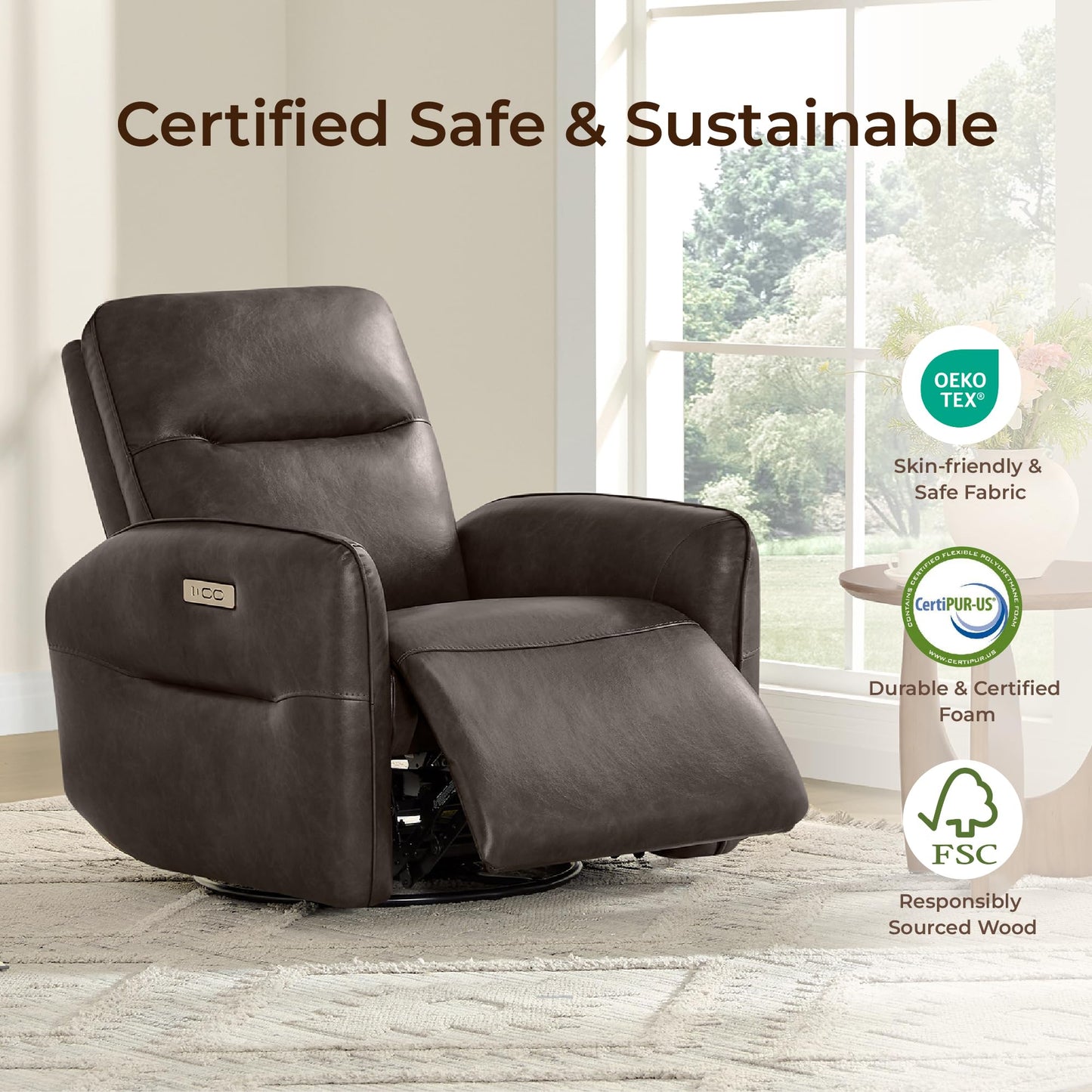 CHITA Faux Leather Power Recliner Chair, Swivel Glider Recliner for Adults, Nursery Rocking Chair with USB & Type-C Charging for Living Room, Bedroom, Creamy Grey