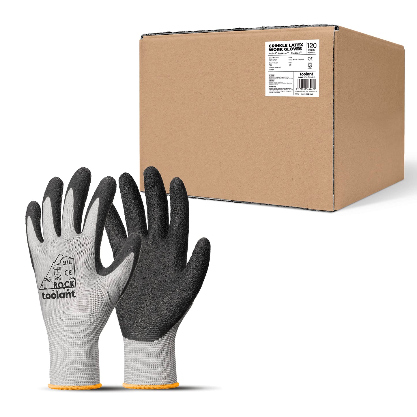 toolant Crinkle Latex Work Gloves Bulk, Rubber Coated Safety Work Gloves for Men and Women, 12 Pairs for Construction, Gardening, Warehouse (Black, Large)