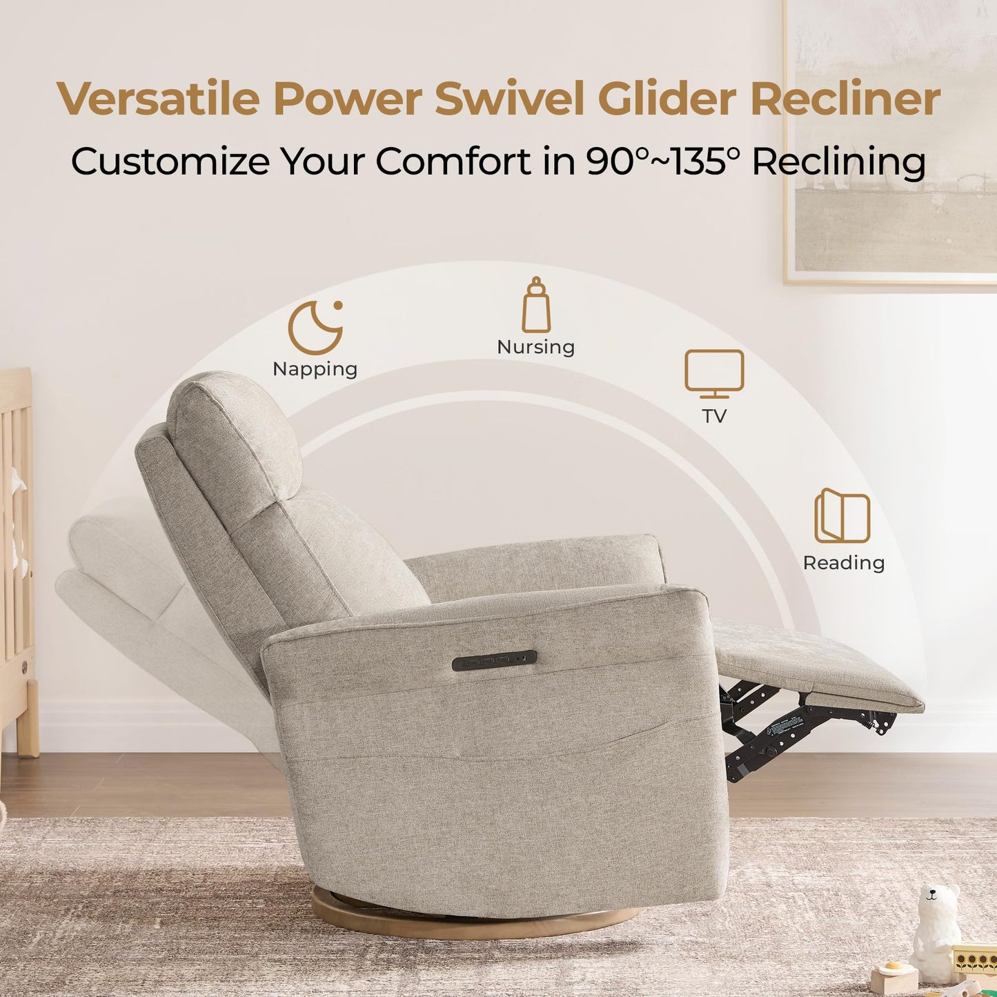 CHITA Power Recliner Chair, Electric Triple-Motor Swivel Glider Nursery Rocking Chair with Adjustable Power Headrest and Lumbar Support, GREENGARD Gold Certified, Solid Wood Base, Linen
