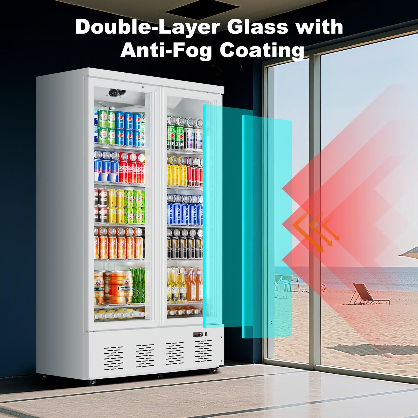 41.4''W White Commercial Refrigerators, 30.5 Cu.Ft 2 Glass Door Commercial Beverage Refrigerators Upright Display Cooler with LED Light and 10 Adjustable Shelves for Restaurant Stores