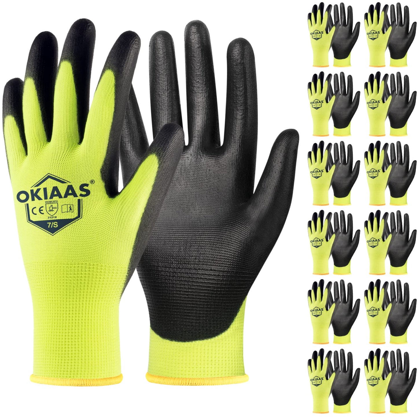 OKIAAS Work Gloves for Men,Ultra Thin and Lightweight Working Gloves with Grip,12 Pairs Bulk Pack Construction Gloves with Polyurethane Coating,Safety Gloves for Light Duty Work (Black, Large)