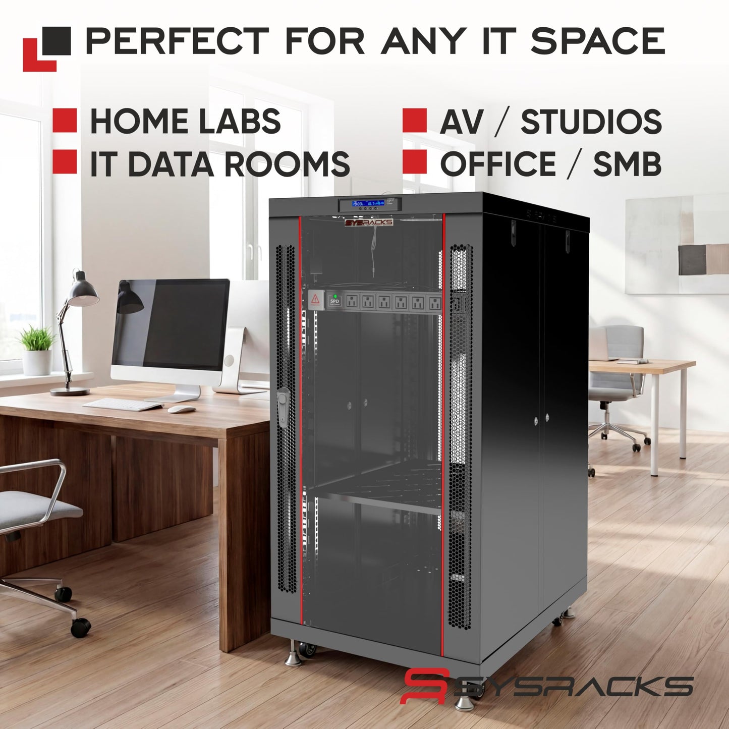 Sysracks 27U Server Rack Cabinet, 39" Deep, Glass Door, 19-Inch | Cooling fans, PDU, shelf, casters, leveling feet, cable entry brushes
