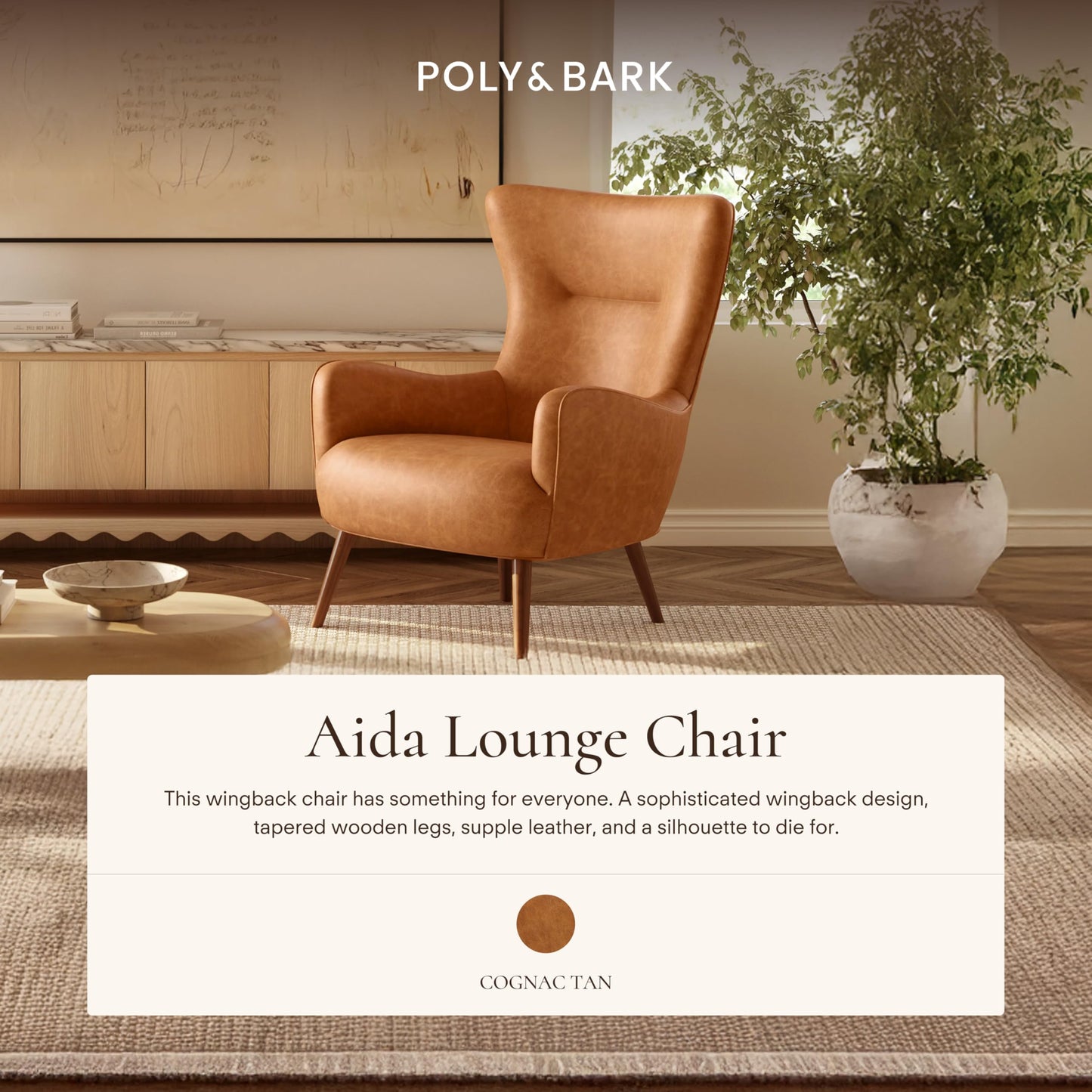Poly & BARK Rowan Lounge Chairs Set of 2 – Mid Century Modern Leather Armchairs with Ribbed Seat and Solid Ash Wood Frame, Cognac Tan