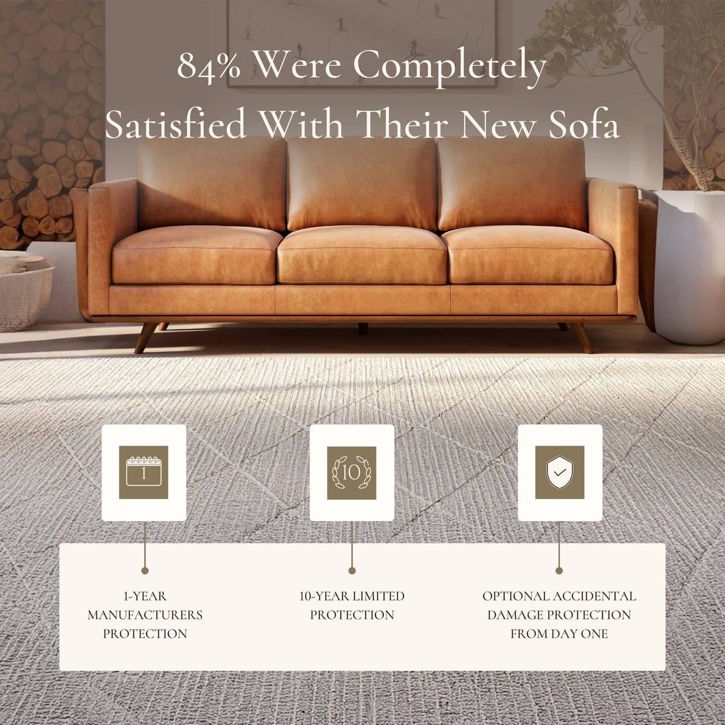 POLY & BARK Sorrento 86" Sofa – Cognac Tan Full-Grain Pure-Aniline Italian Leather, Feather-Down Cushions, Solid Wood Frame & Walnut Legs