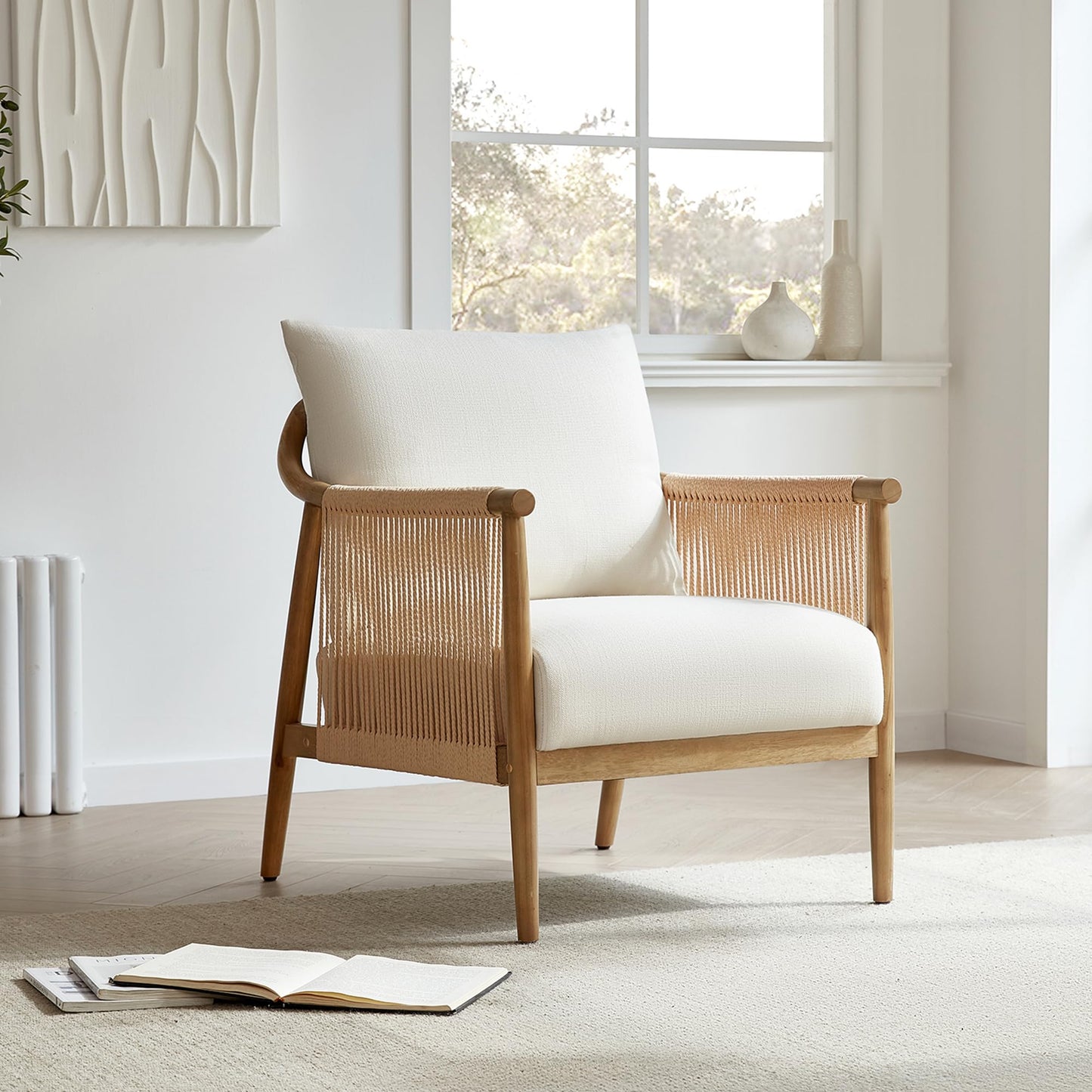 CHITA Braid Accent Chair, Modern Armchair with Solid Wooden Armrest for Living Room and Bedroom, Boho Reading Chair, Cream