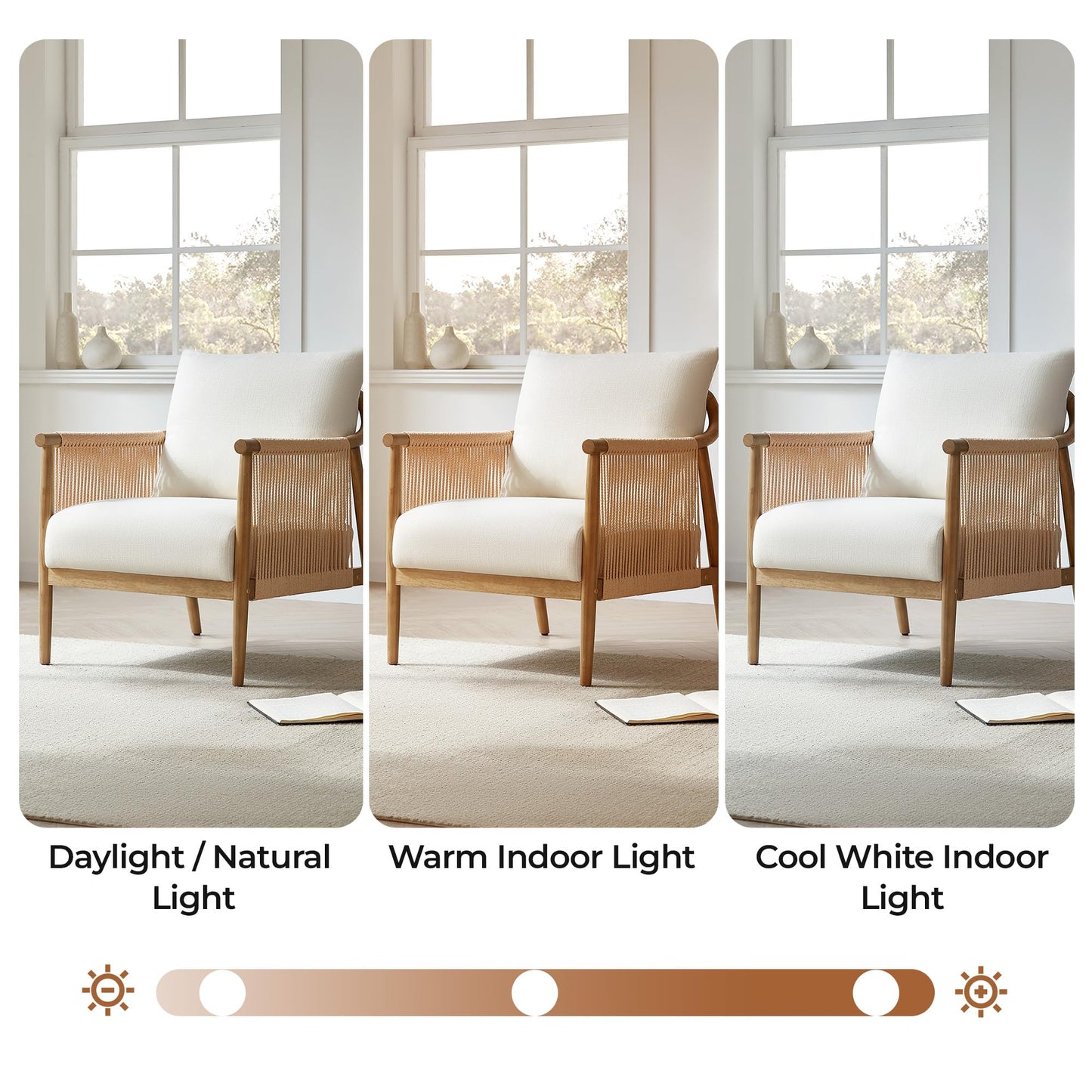 CHITA Braid Accent Chair, Modern Armchair with Solid Wooden Armrest for Living Room and Bedroom, Boho Reading Chair, Cream