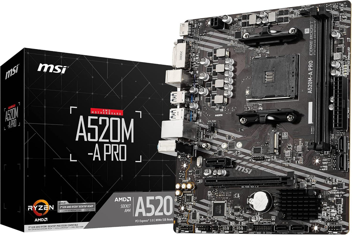 MSI A520M-A PRO Gaming Motherboard (AMD Ryzen 5000, AM4, DDR4, PCIe 3.0, SATA 6Gb/s, M.2, USB 3.2 Gen 1, DVI/HDMI, Micro-ATX)
