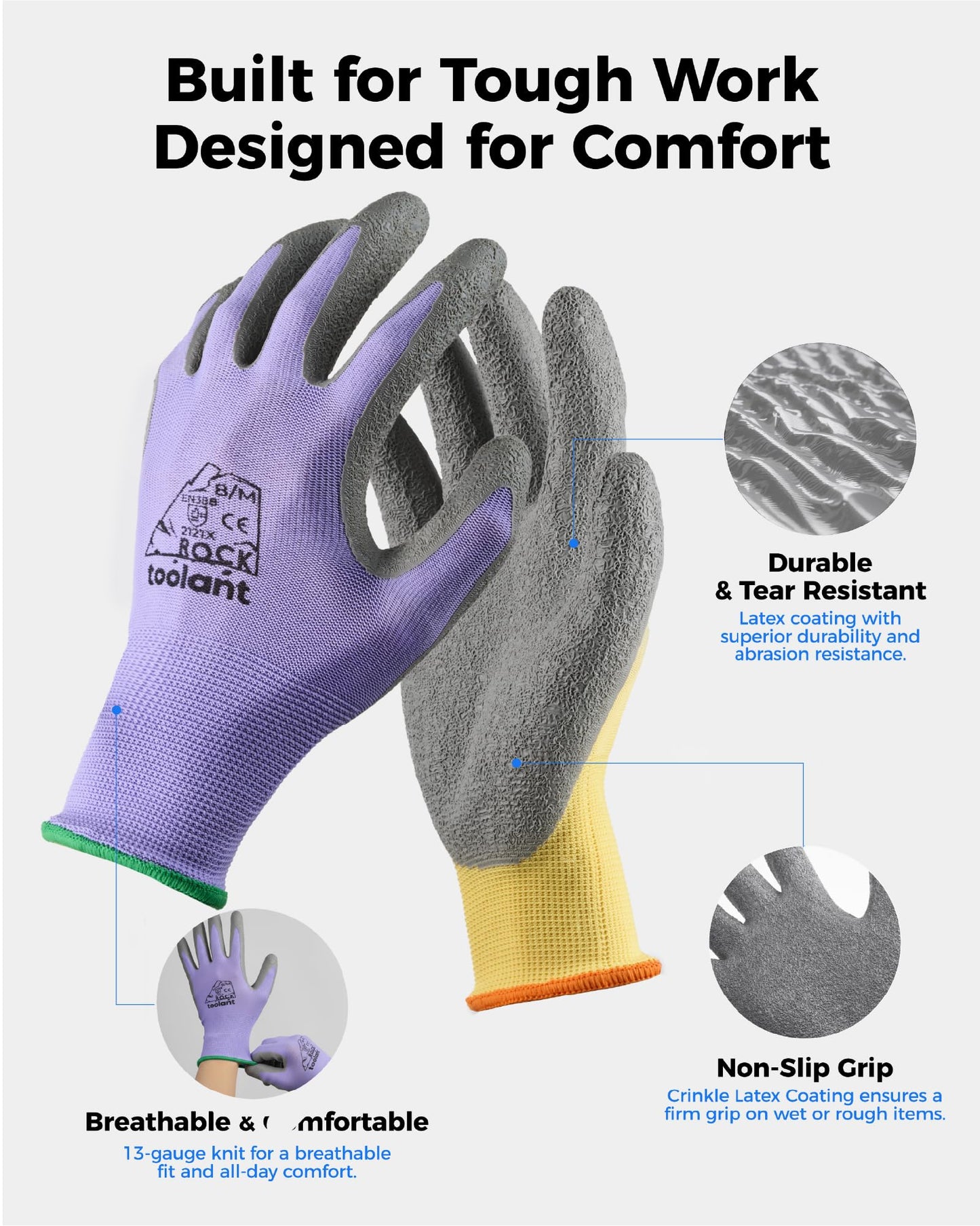 toolant Crinkle Latex Work Gloves Bulk, Rubber Coated Safety Work Gloves for Men and Women, 12 Pairs for Construction, Gardening, Warehouse (Black, Large)