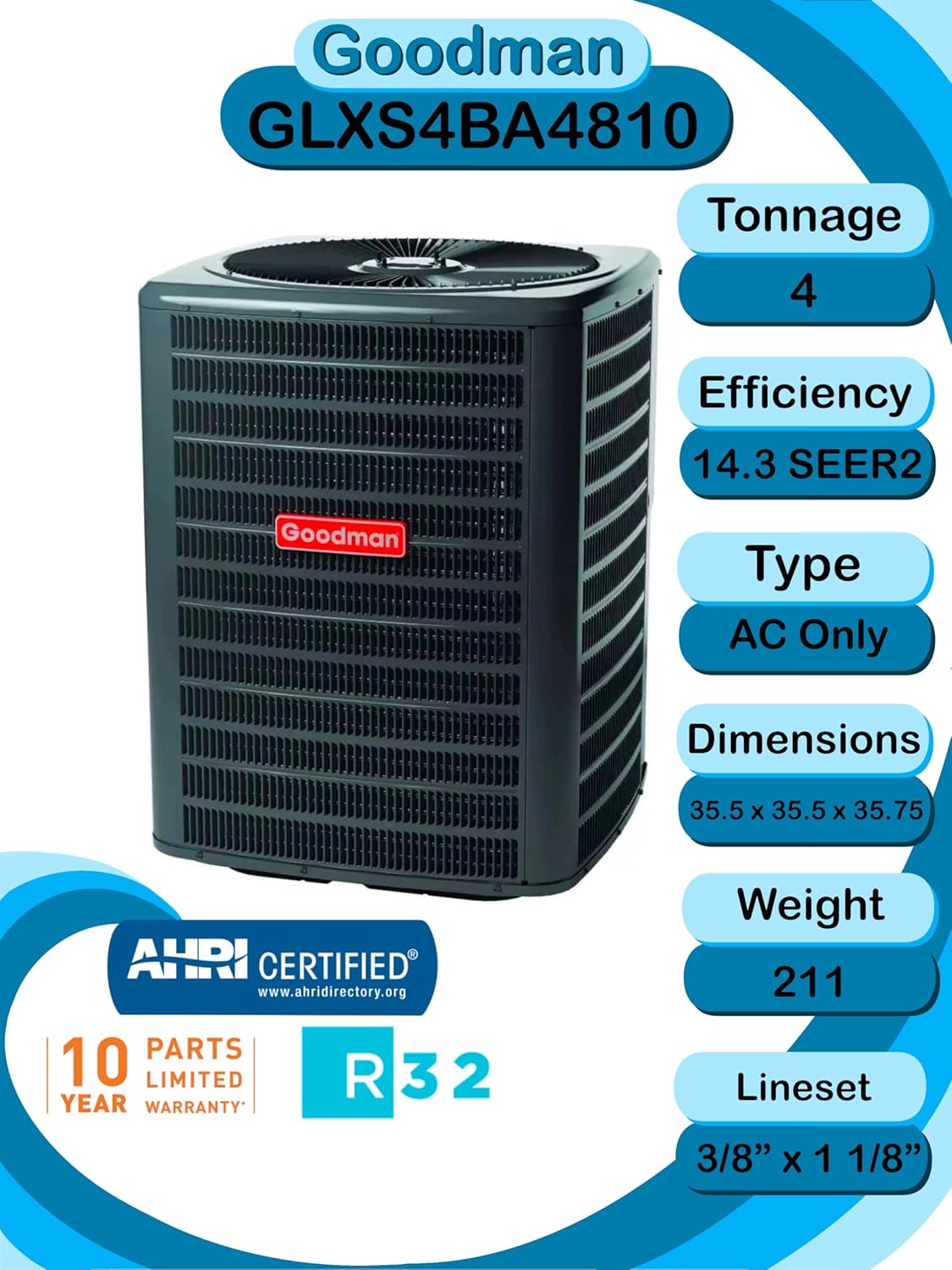 Goodman 4 ton 14.5 SEER2 Complete Split System with upflow coil and single stage 96% AFUE 120k BTU furnace with install accessories! (GLXS4BA4810 CAPTA6030D3 GR9S961205DN)