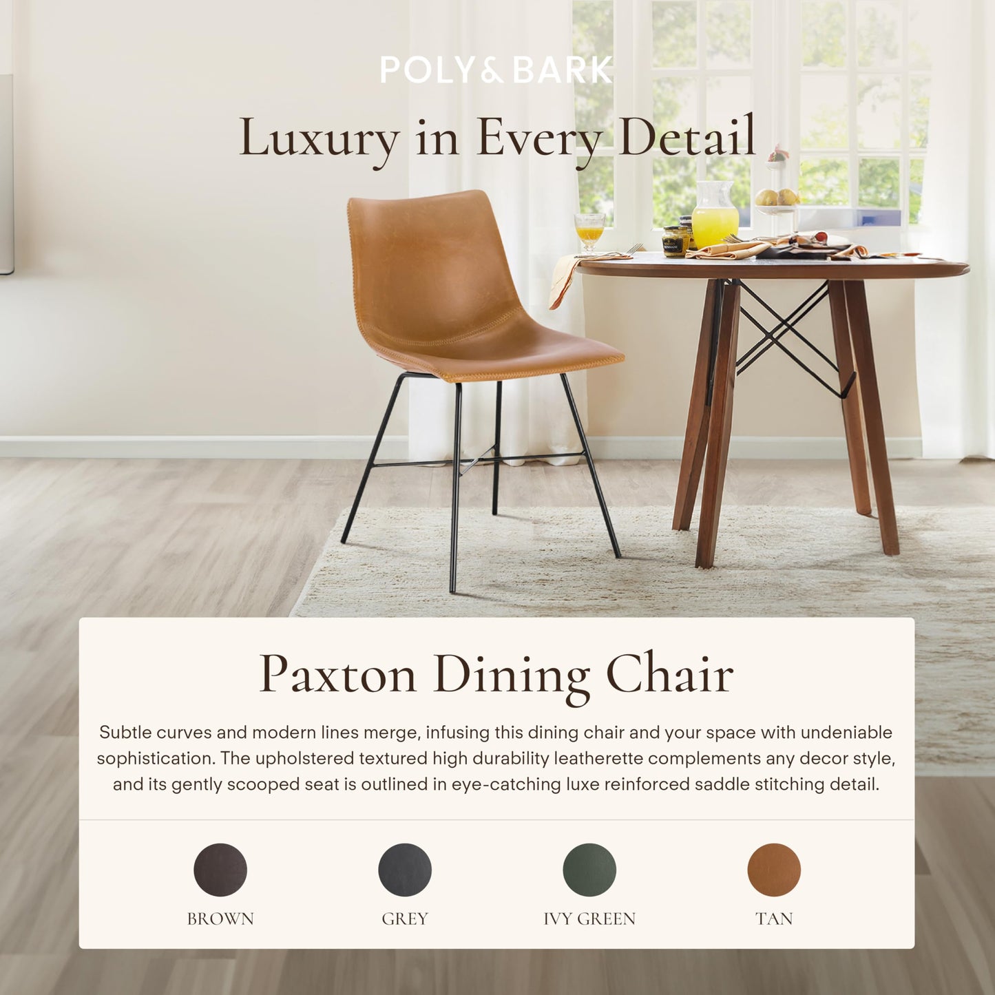 POLY & BARK Paxton Leather Counter Stools 24 Inches – Set of 2 - Counter Height Bar Stools with Back – Modern Barstools for Kitchen Island or Counters – Faux Leather & Matte Black Steel Base – Tan