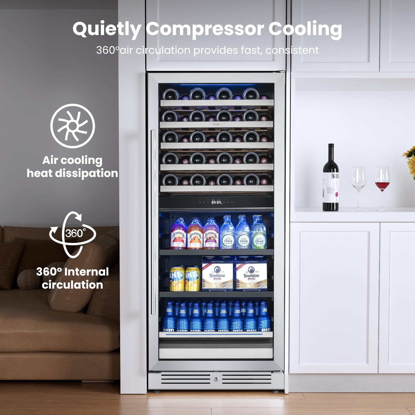 Yeego Wine Fridge Cooler - 24 Inch Dual Zone Wine Fridge Hold 52 Bottles, 40-65°F Wine Refrigerator Glass Door, Built in Fridge, Freestanding Adjustable Shelves Fridge for Beer Soda Drink Home Bar
