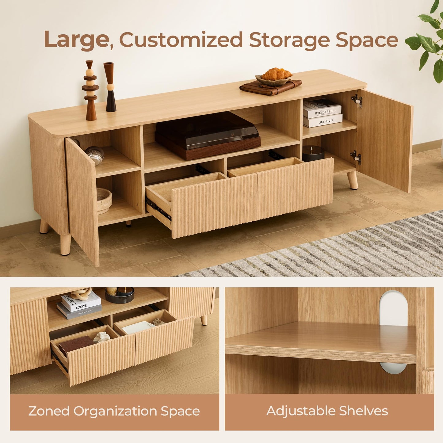 CHITA TV Stands for Living Room, Mid Century Modern TV Stand for 80 inch TV with Storage, Drawers, Adjustable Shelves, Walnut