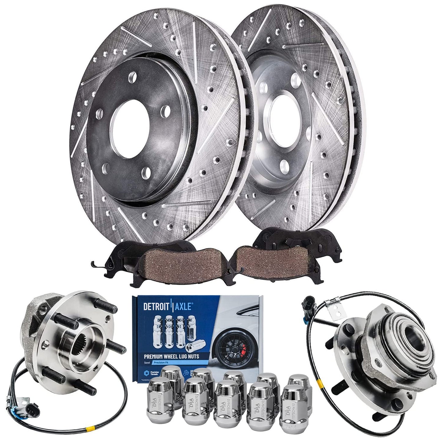 Detroit Axle - Brake Kit for 2006-2018 Dodge Ram 1500 2007-2009 Durango Chrysler Aspen 2019-2024 Ram 1500 Classic, Drilled Slotted Brake Rotors and Ceramic Brakes Pads w/Hardware Replacement