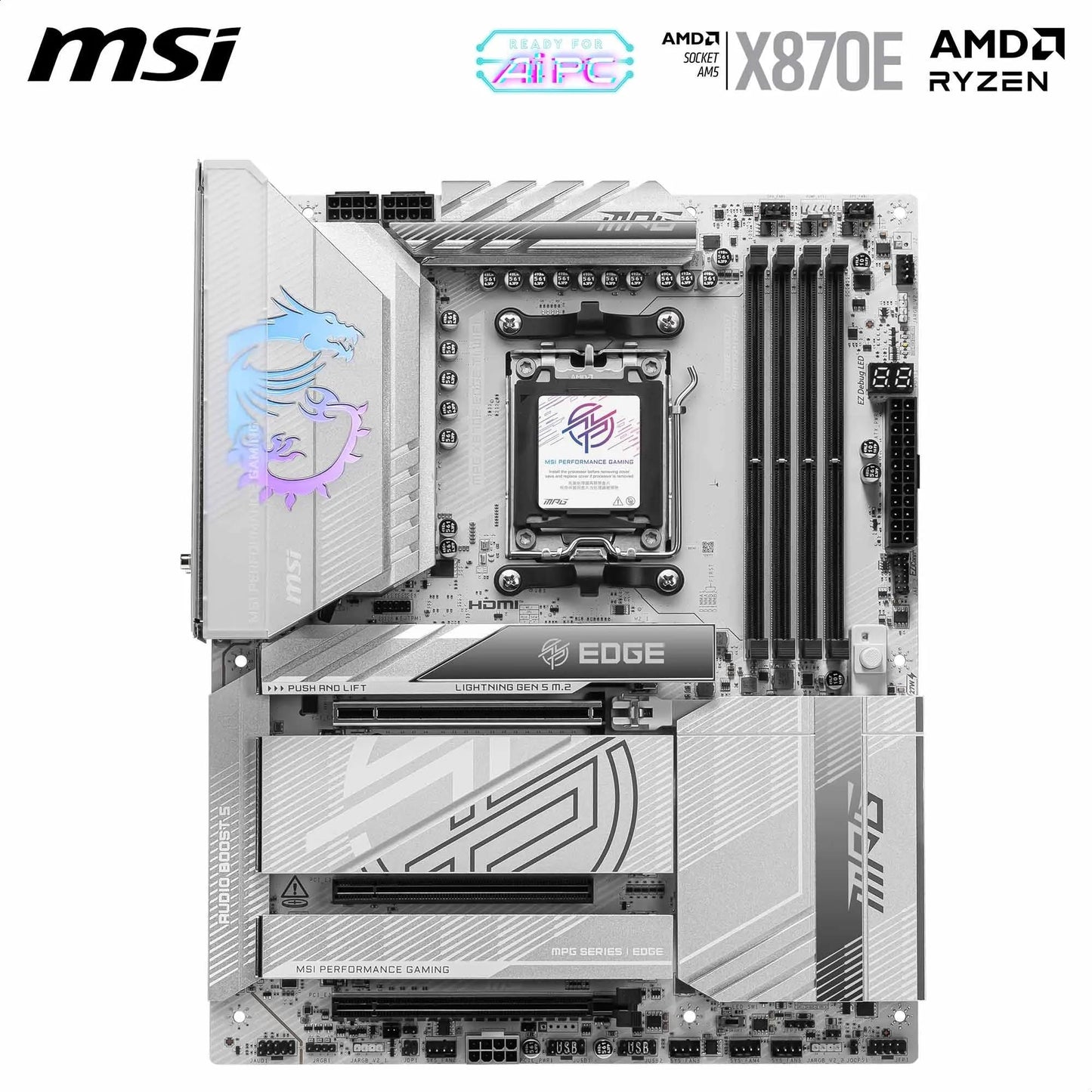 MSI MPG X870E Carbon WiFi Gaming Motherboard (AMD Ryzen 9000/8000/7000 Series Processors, AM5, DDR5, PCIe 5.0, M.2 Gen5, SATA 6Gb/s, USB 40Gbps, HDMI, Wi-Fi 7, Bluetooth 5.4, 5Gbps LAN, ATX)