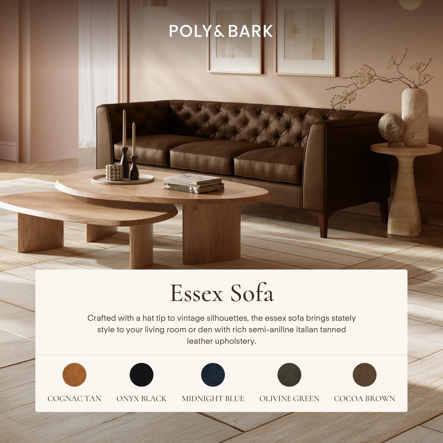 POLY & BARK Essex 89” Full-Grain Italian Leather Sofa – Tufted Back, Feather-Down Comfort, Solid Wood Frame, Cognac Tan
