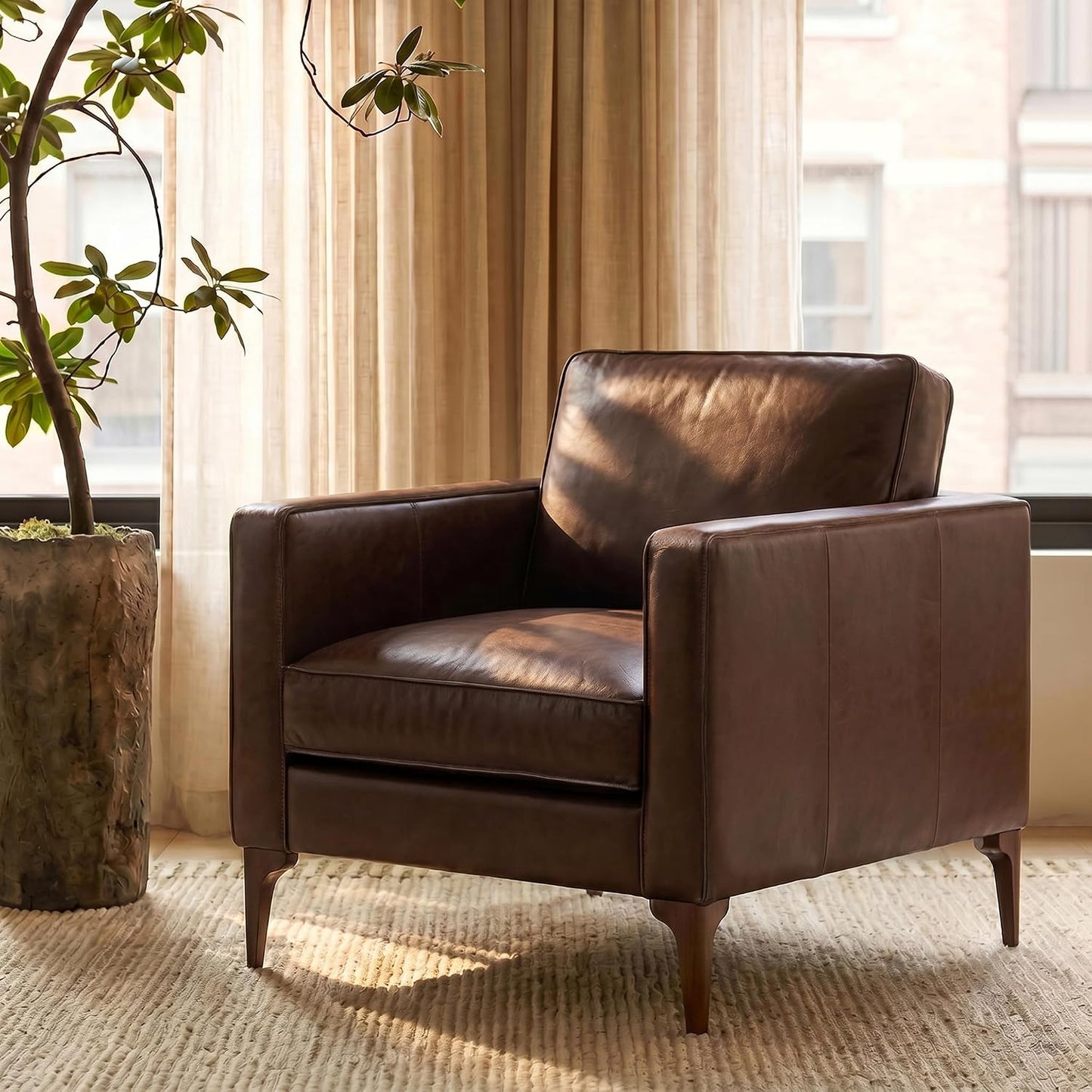 POLY & BARK Mateo Leather Lounge Chair – Chocolate Brown Full-Grain Leather Upholstery – Modern Upholstered Accent Chair for Living Room or Bedroom – Indoor Lounge Seating with Timeless Comfort