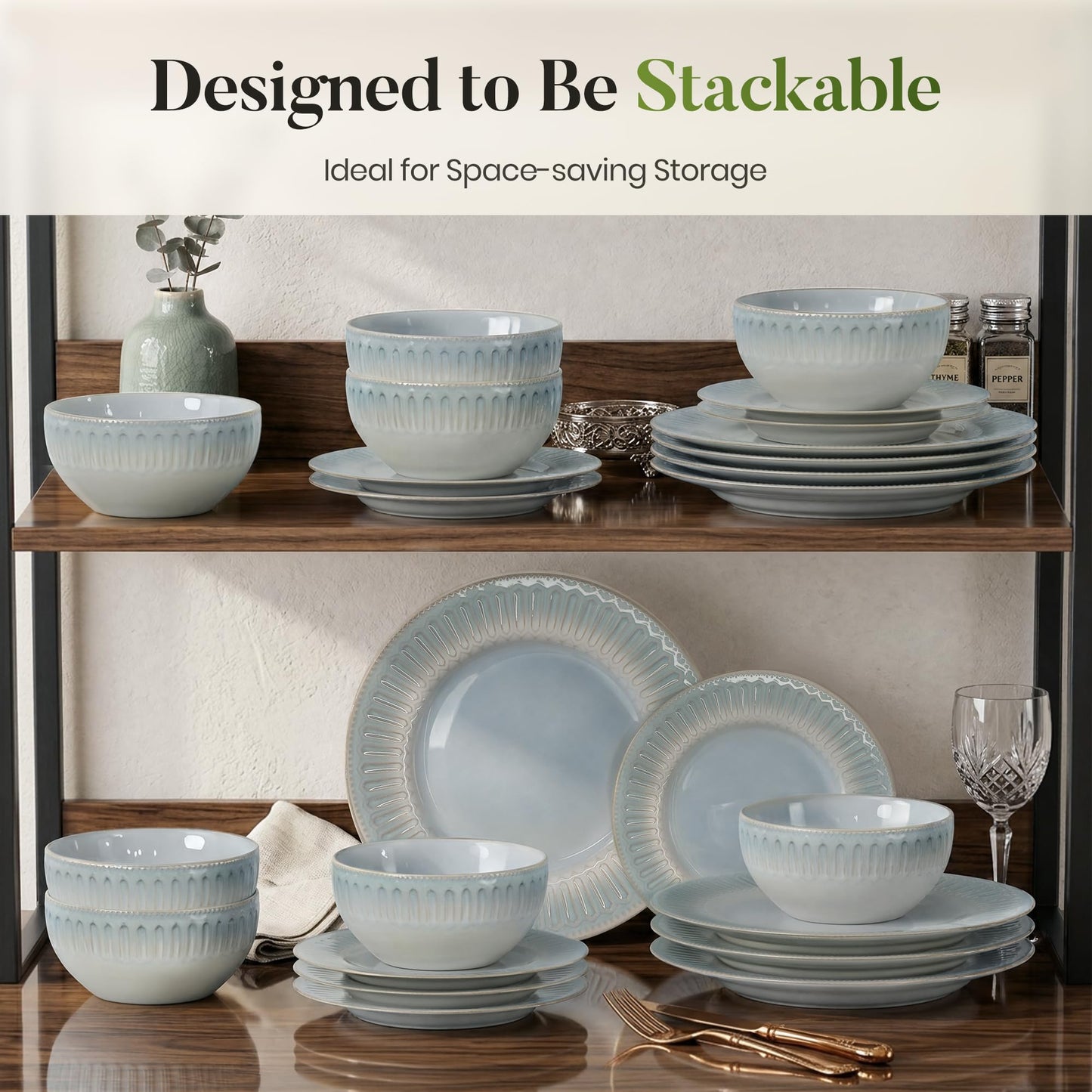 Kitchen Academy Stoneware Dinnerware Sets for 8, Embossed Ceramic Plates and Bowls Set, Beige Dishes