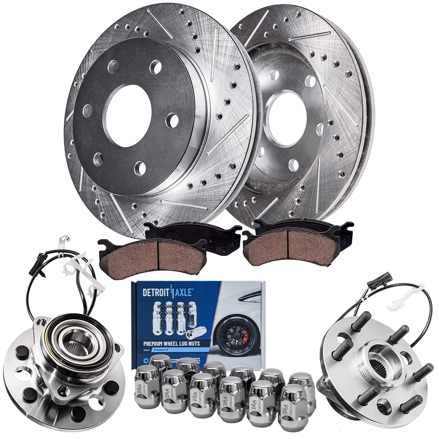 Detroit Axle - Brake Kit for 2012-2020 Ford F-150 Drilled & Slotted Brake Rotors and Ceramic Brakes Pads 2013 2014 2015 2016 2017 2018 2019 Front and Rear Replacement