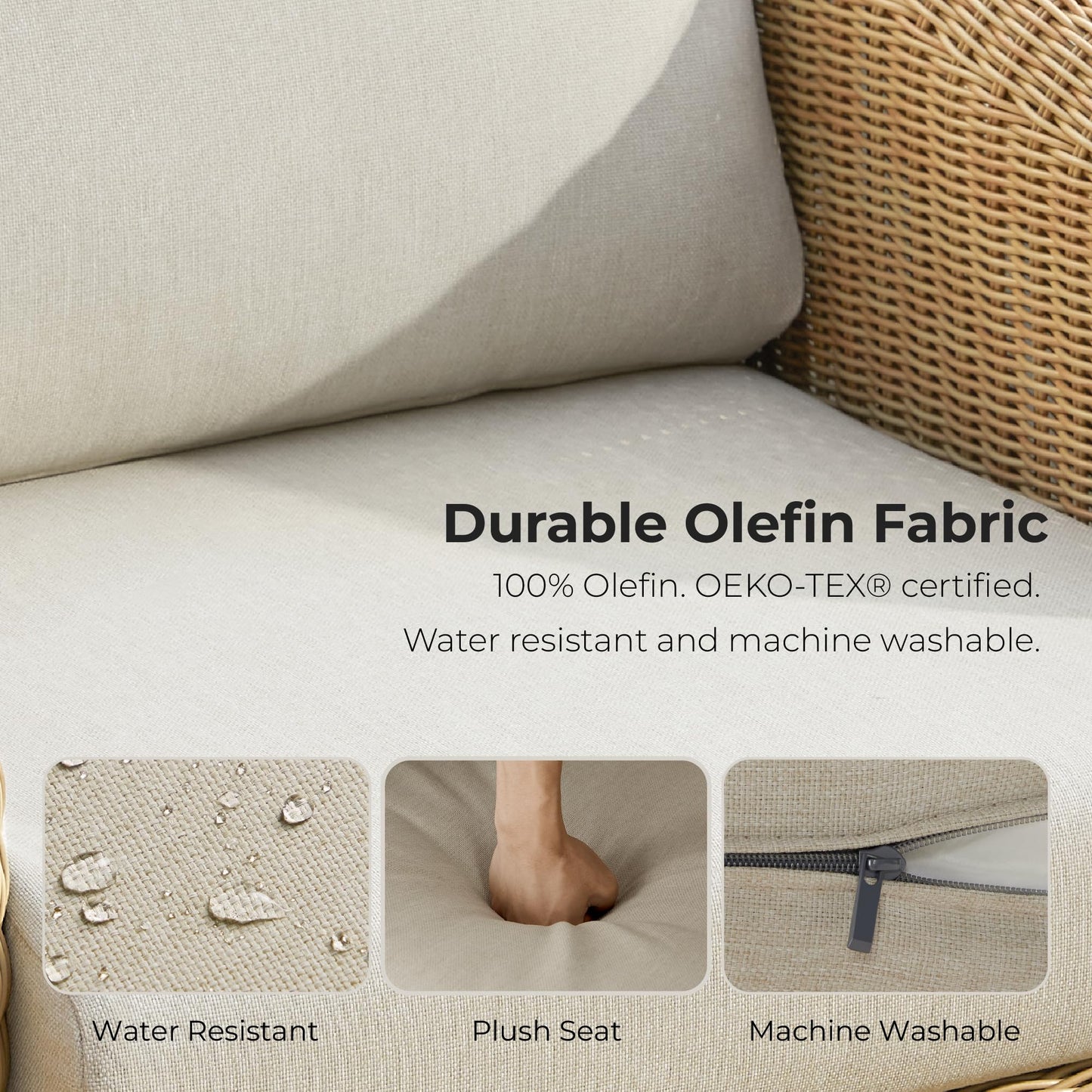 CHITA 5 Pieces Patio Wicker Furniture Set, Outdoor Rattan Bistro Set with Removable Thickened Cushions, Fully Assembled(Beige Cushions with Light Brown Wicker)