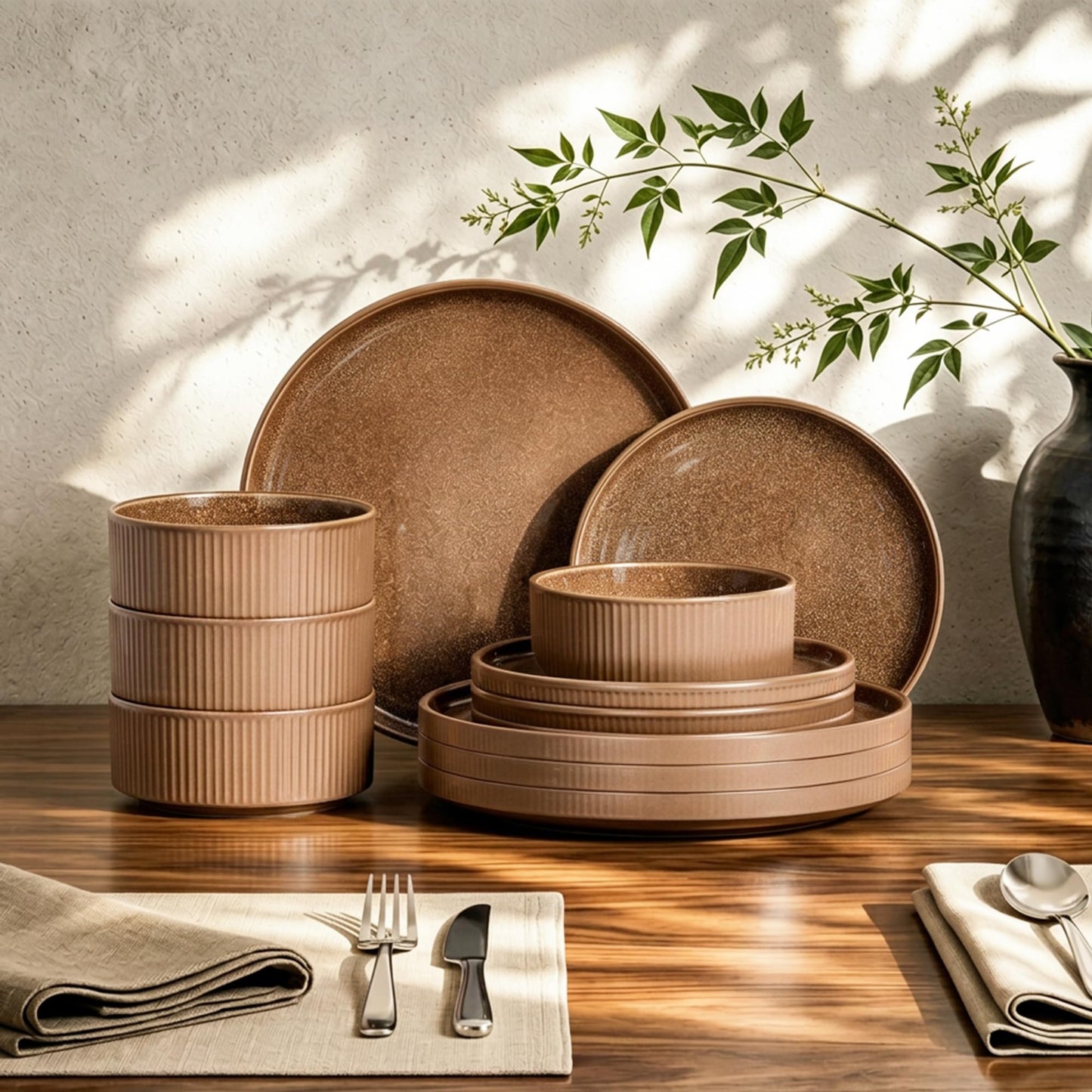 Kitchen Academy Brown Stoneawre Dinnerware Sets for 8, 24Pcs Ceramic Non Toxic Plates and Bowls Sets, Scratch Resistant Dishes, Oven & Microwave Safe