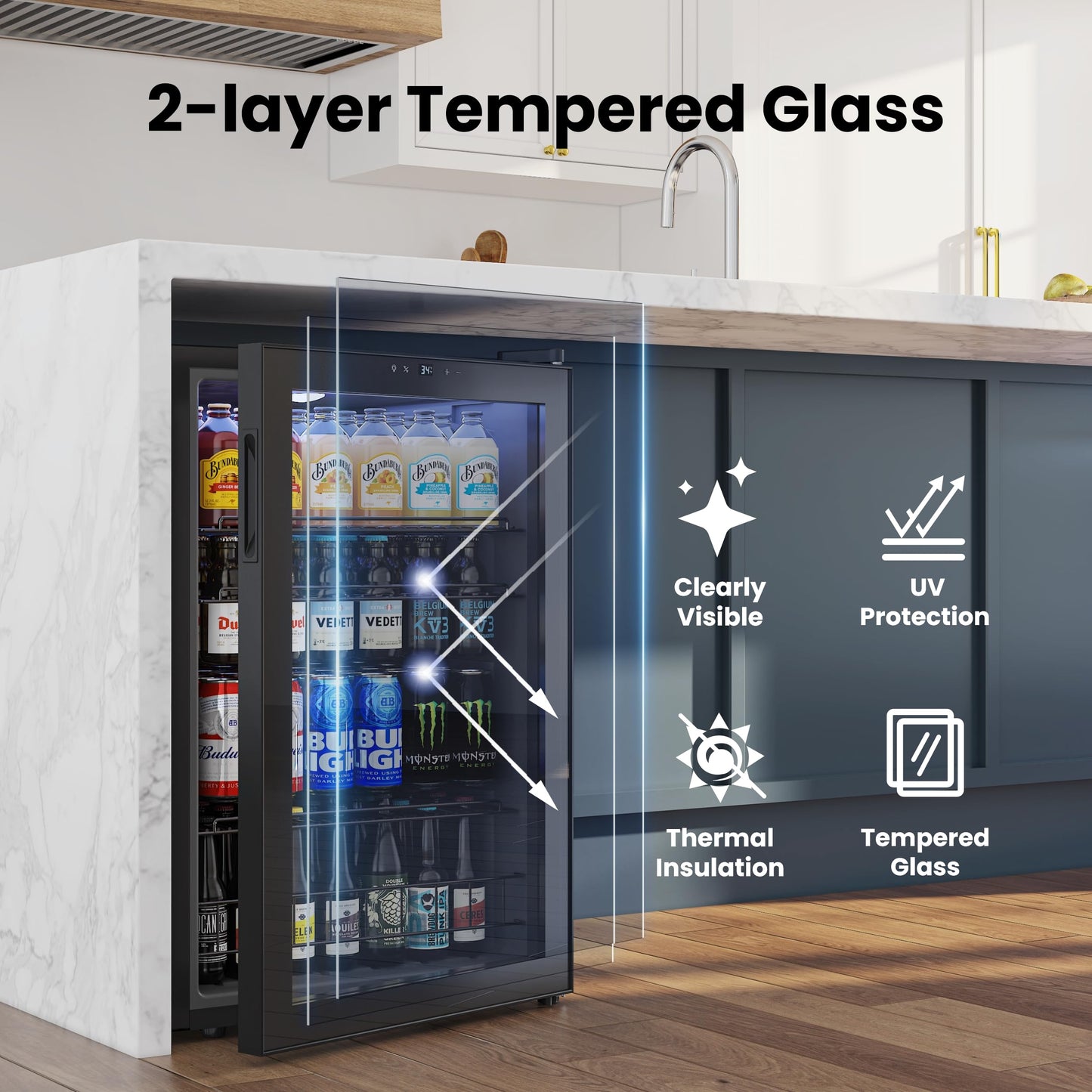 Yeego Beverage Refrigerator, 130 Can Mini Fridge with Glass Door, Adjustable Shelves, Digital Temperature Control 34°F-54°F, Drink Cooler for Soda, Beer and Wine, Freestanding or Under Counter, Black